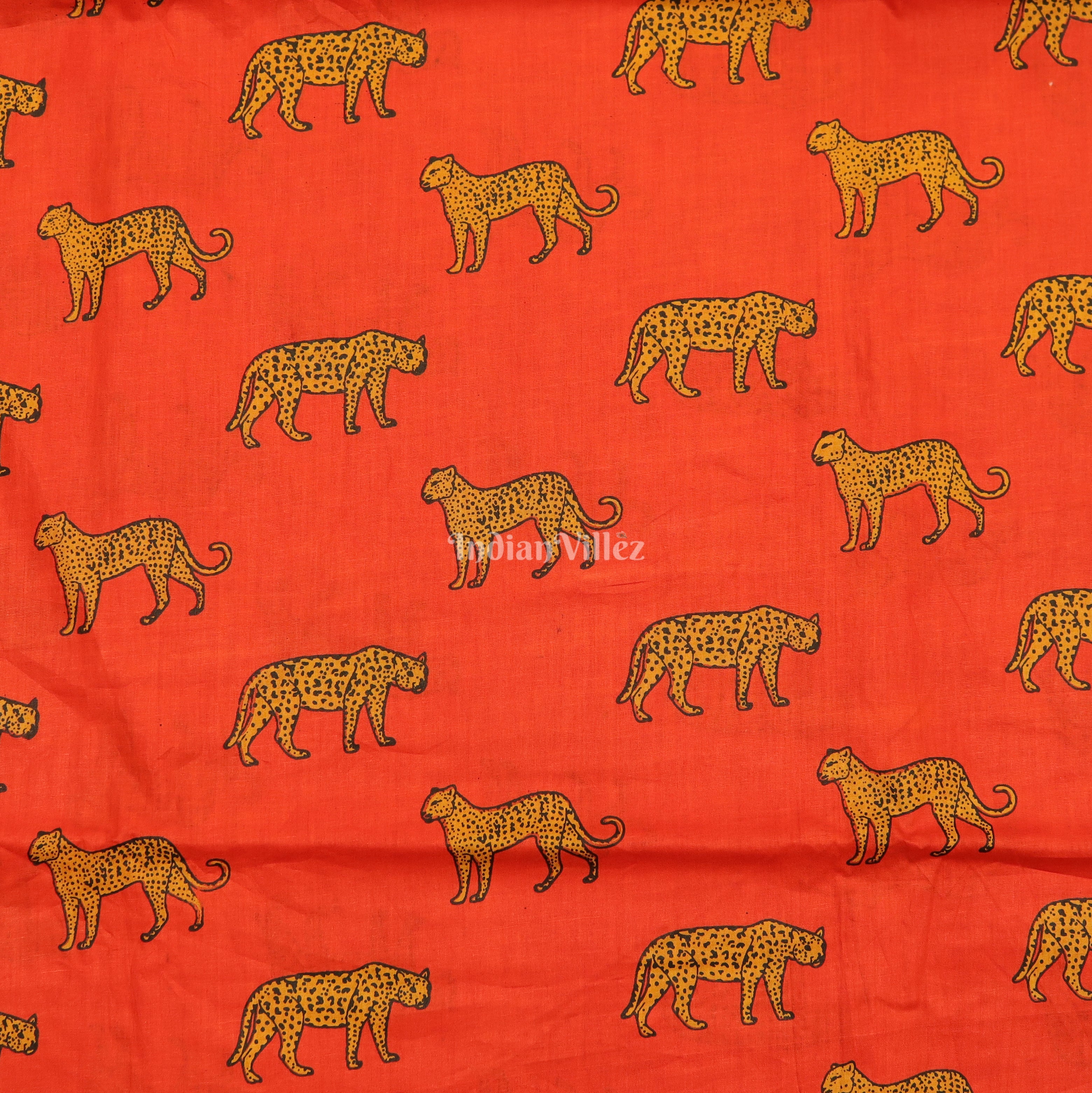 IndianVillèz Red Orange Cheetah Theme Hand Block Printed Cotton Fabric - view 2
