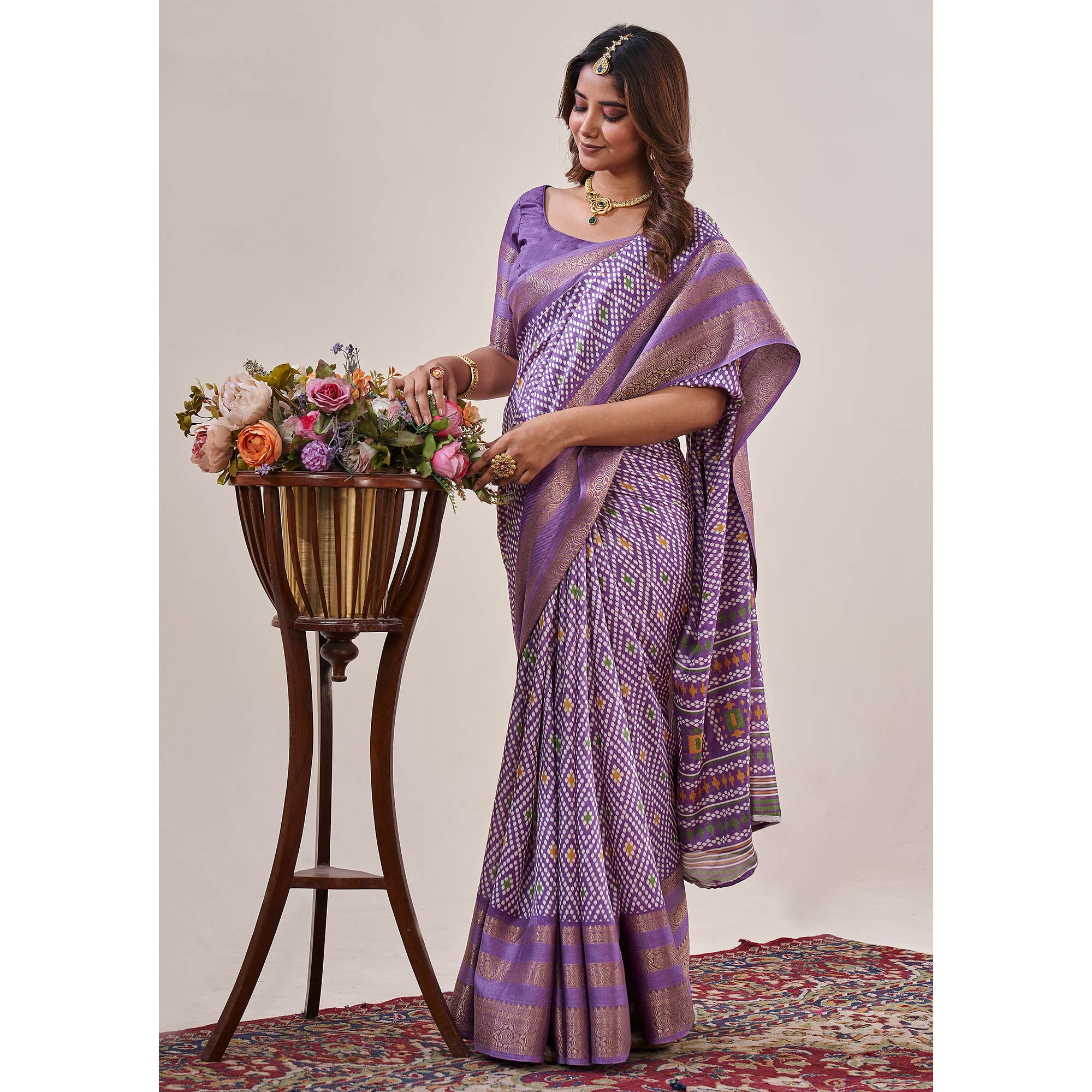 Peachmode Lavender Ikkat Printed With Jacquard Border Cotton Silk Saree - view 4