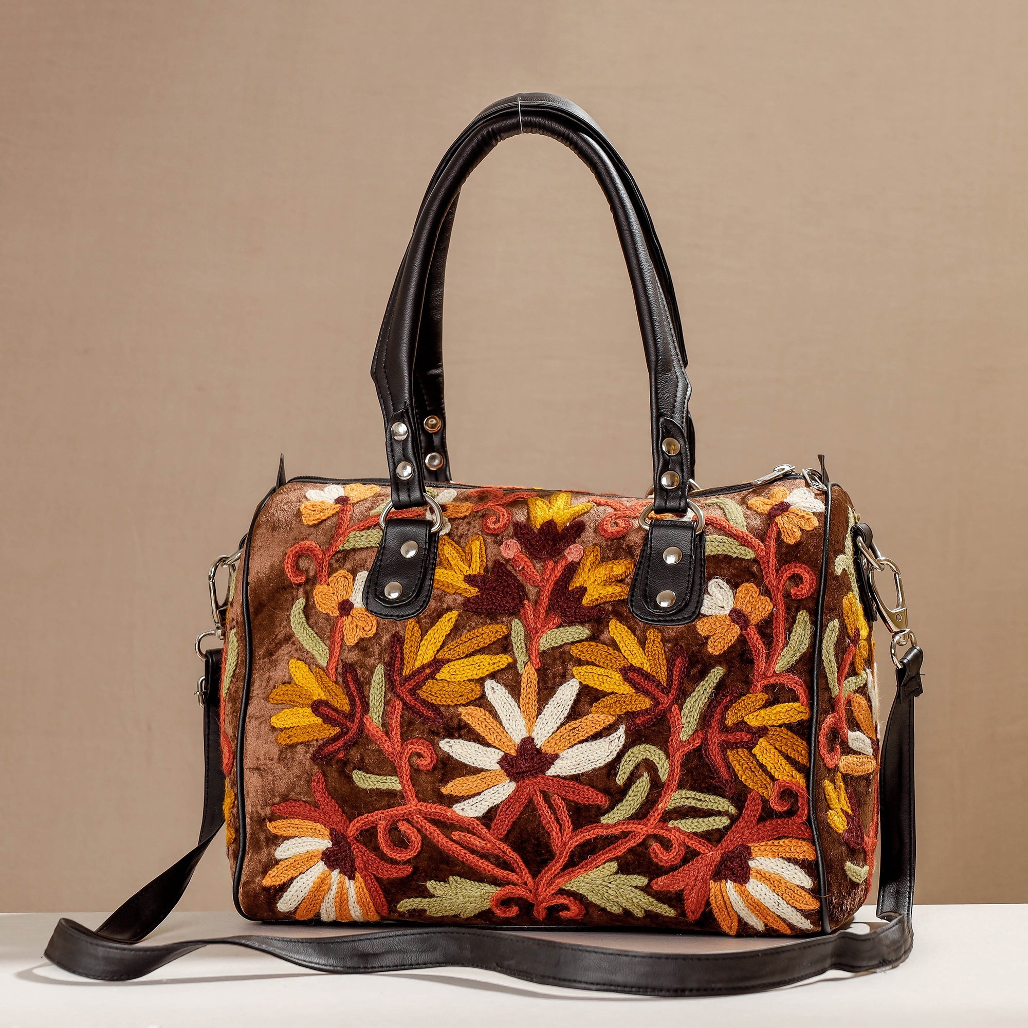 ITOKRI CRAFTS INITIATIVE Brown - Original Chain Stitch Embroidery Leather & Velvet Hand Bag