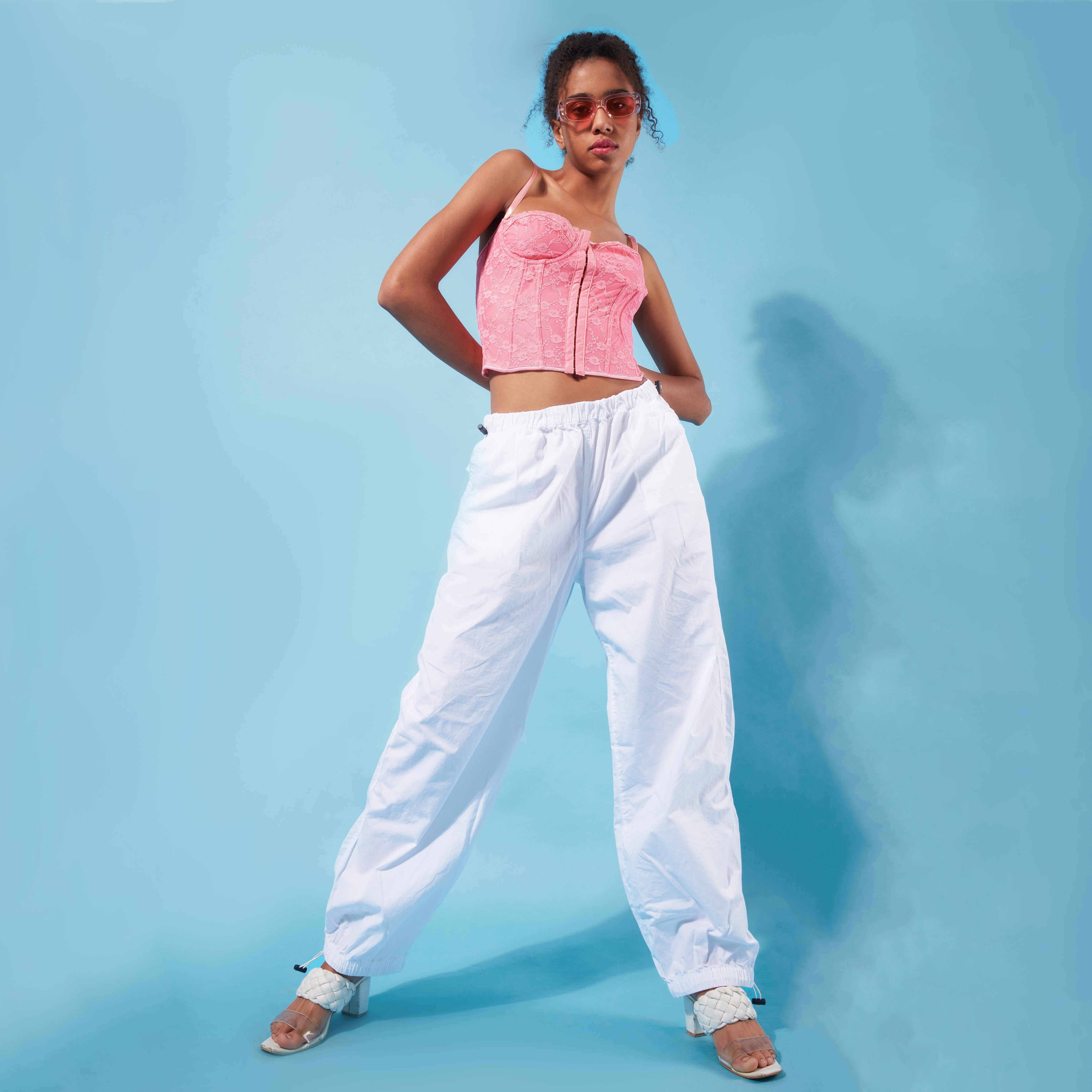 I Z F Pink Lace Corset Top & White Parachute Pants