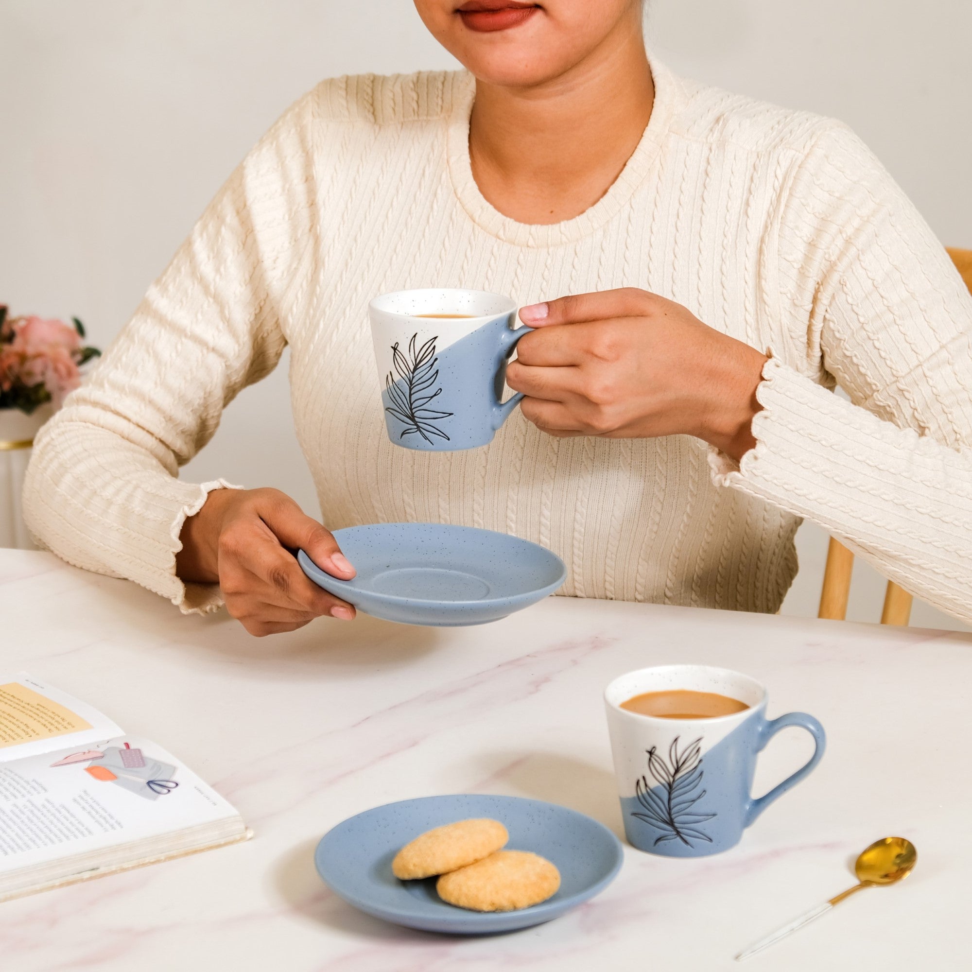 Nestasia Serene Tropics Ceramic Tea Cup And Saucer Set Of 4 Blue 225ml - view 3