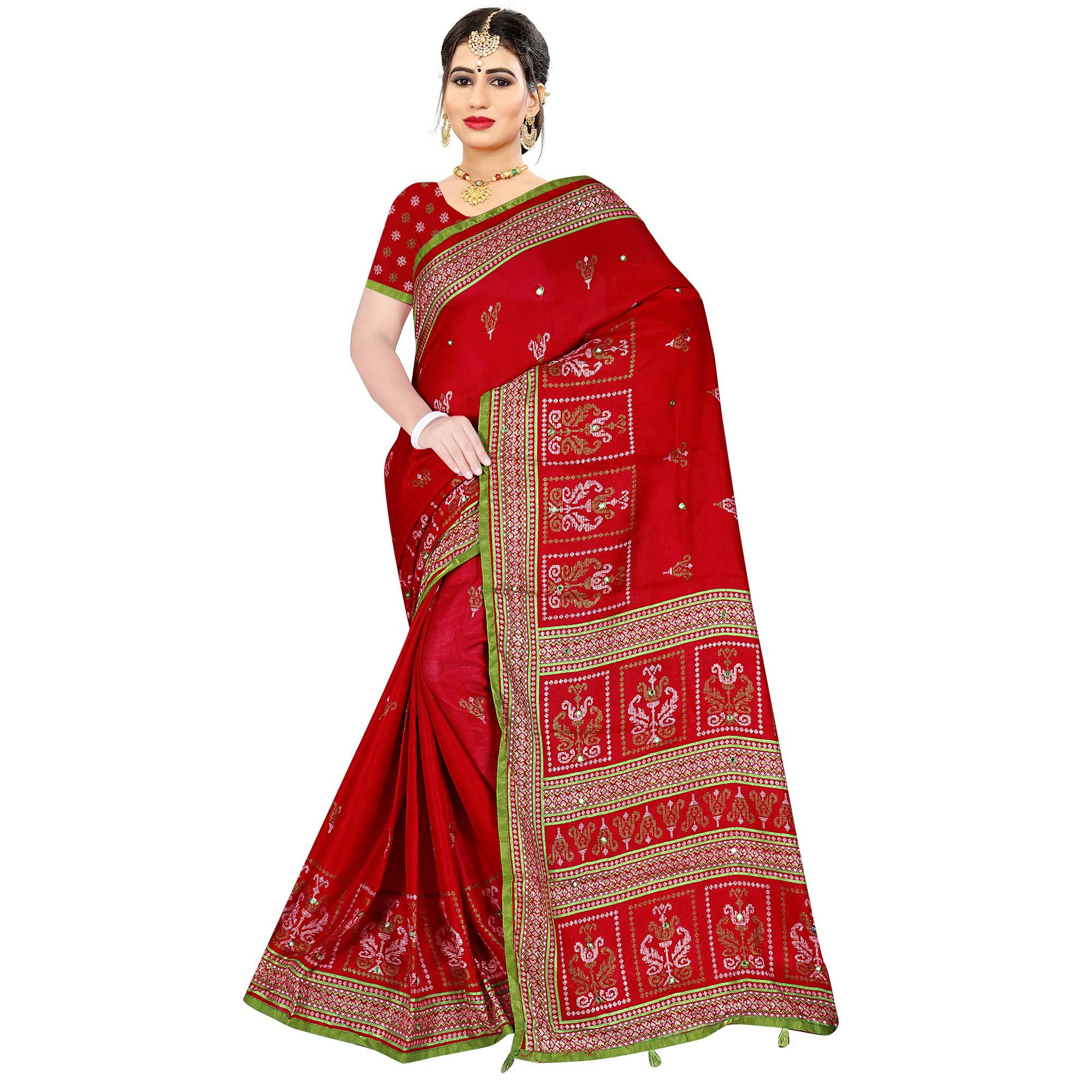 Peachmode Excellent Red Coloured Casual Wear Woven Cotton Jute Saree