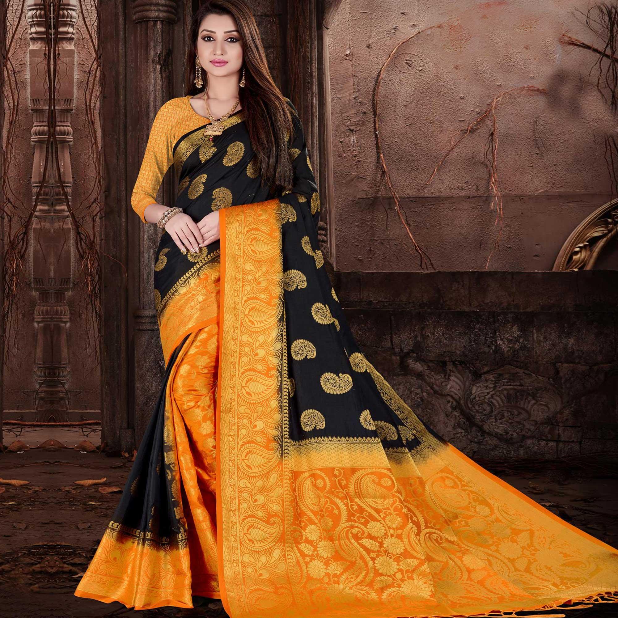 Peachmode Impressive Black Colored Festive Wear Woven Silk Saree