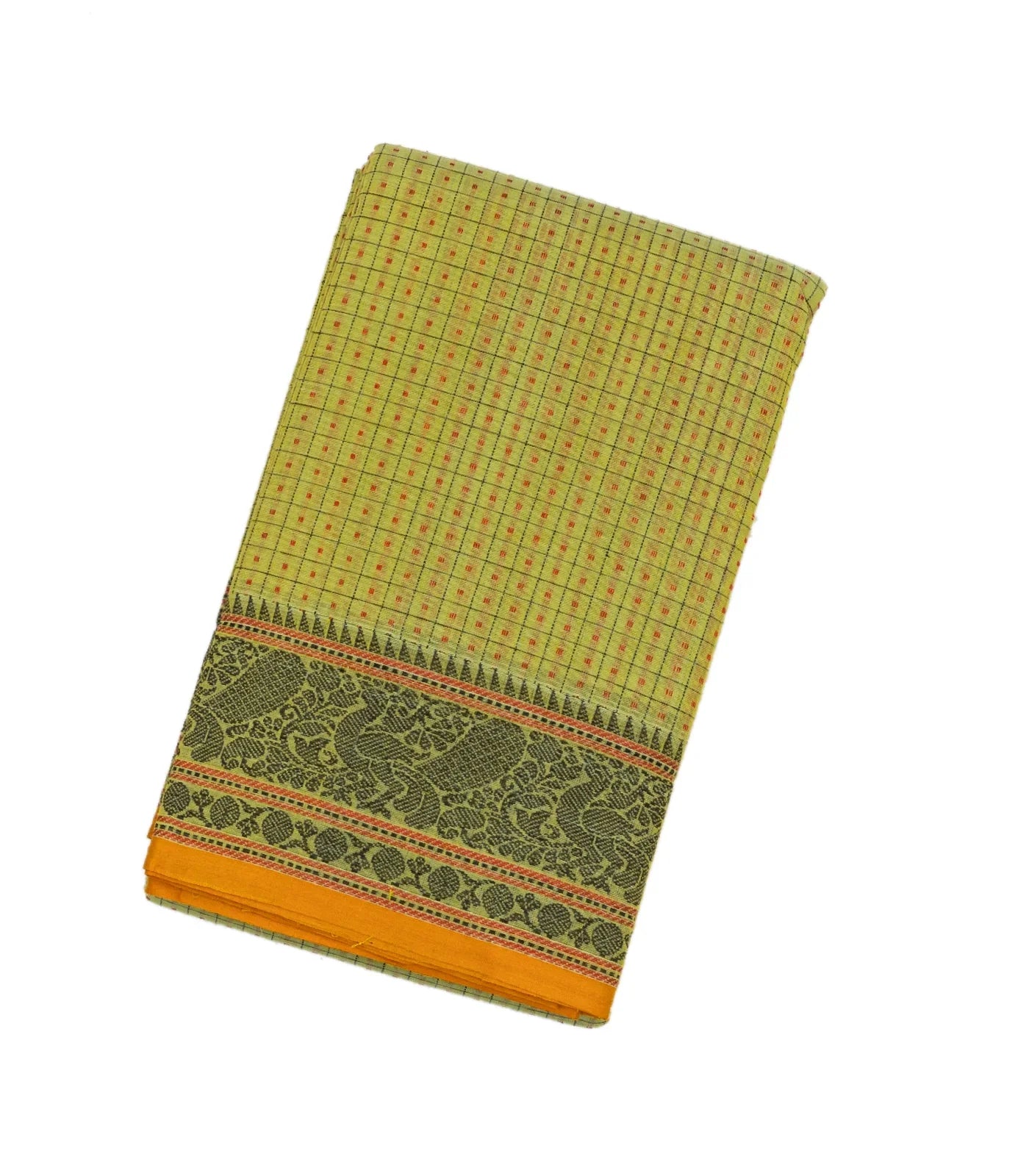RmKV Cardamom Green Handloom Kanchi Cotton Saree With Checks & Square Motifs