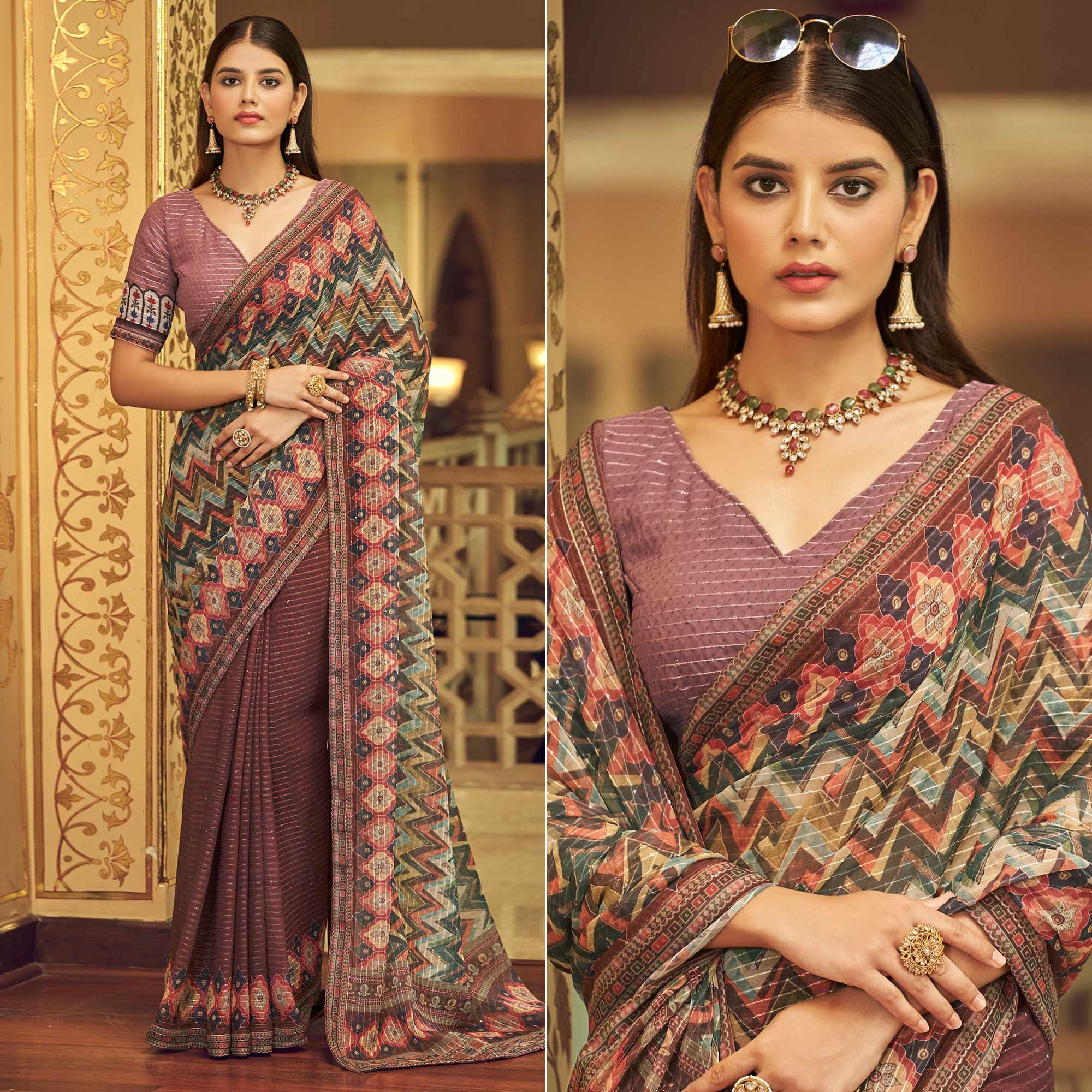 Peachmode Mauve Printed With Embellished Georgette Half and Half Saree
