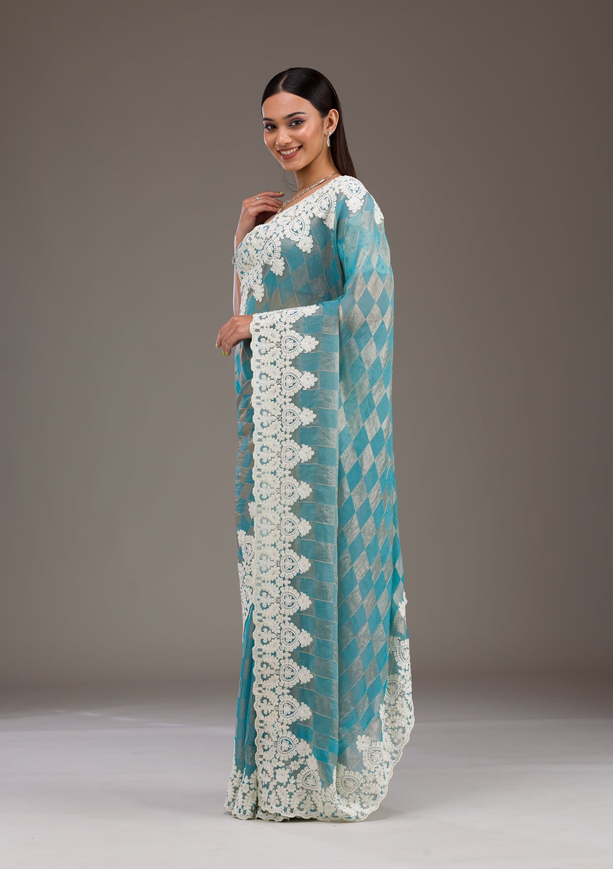 Koskii Turquoise Blue Pearlwork Tissue Saree – Women's - view 5