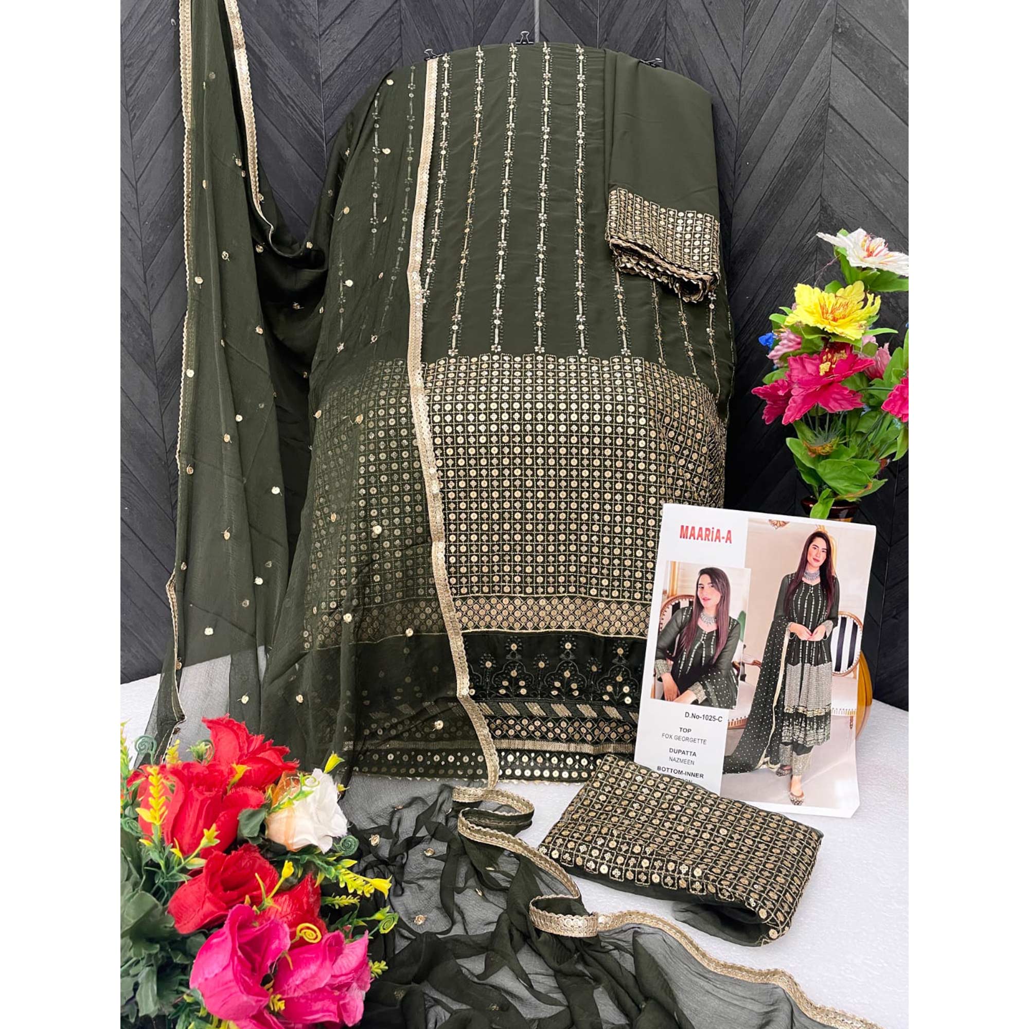 Peachmode Mehendi Green Sequins Embroidered Georgette Pakistani Suit - view 5