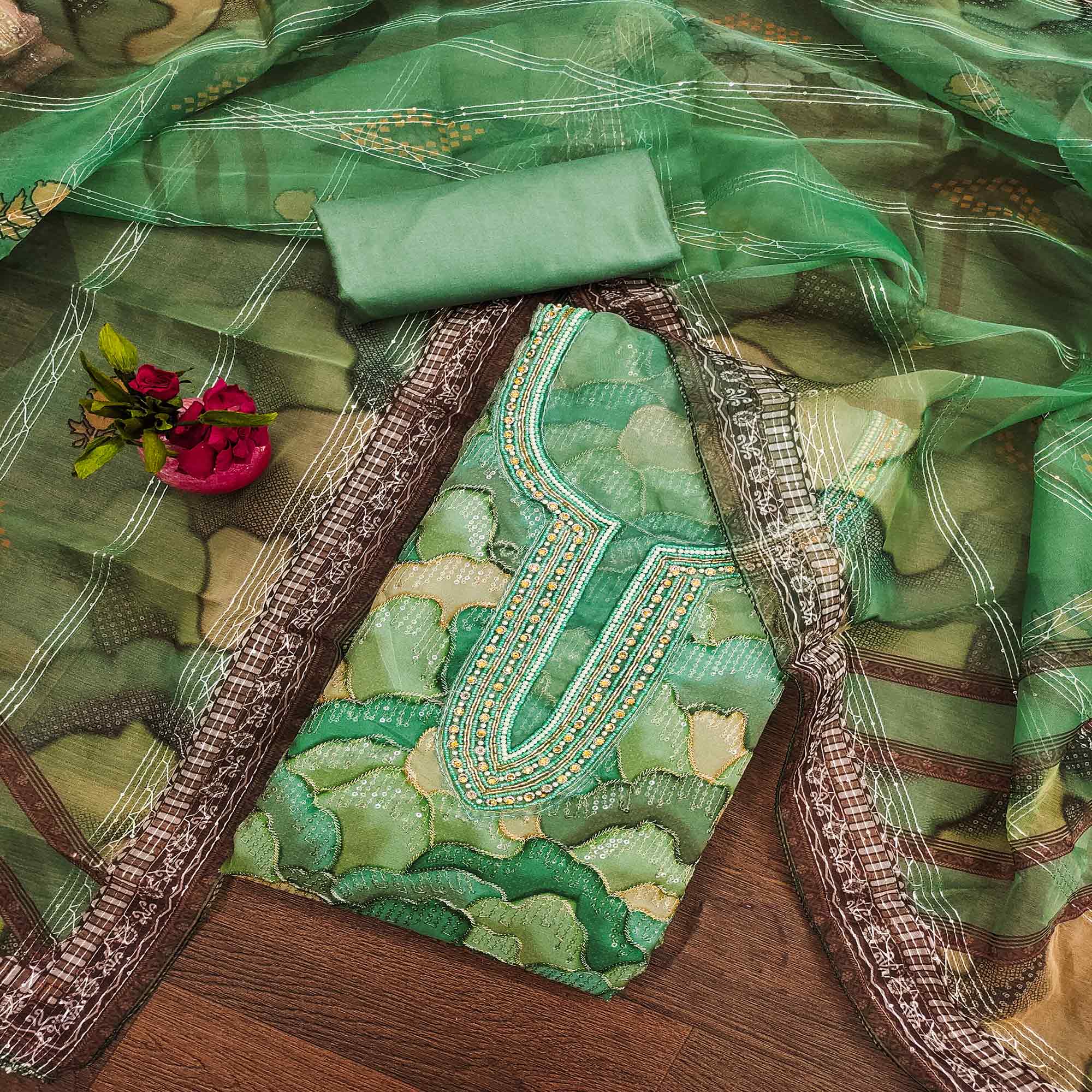 Green dresses – BlackTree green-sequins-embroidered-organza-dress-material-2