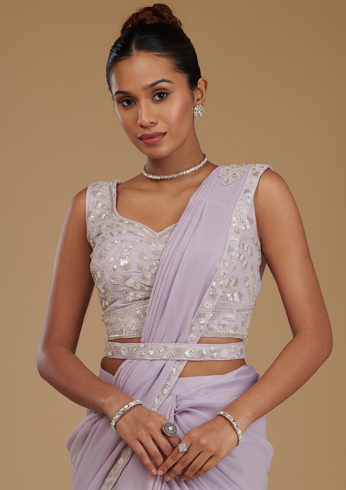 Koskii Lavender Cutdana Chiffon Readymade Saree - view 2