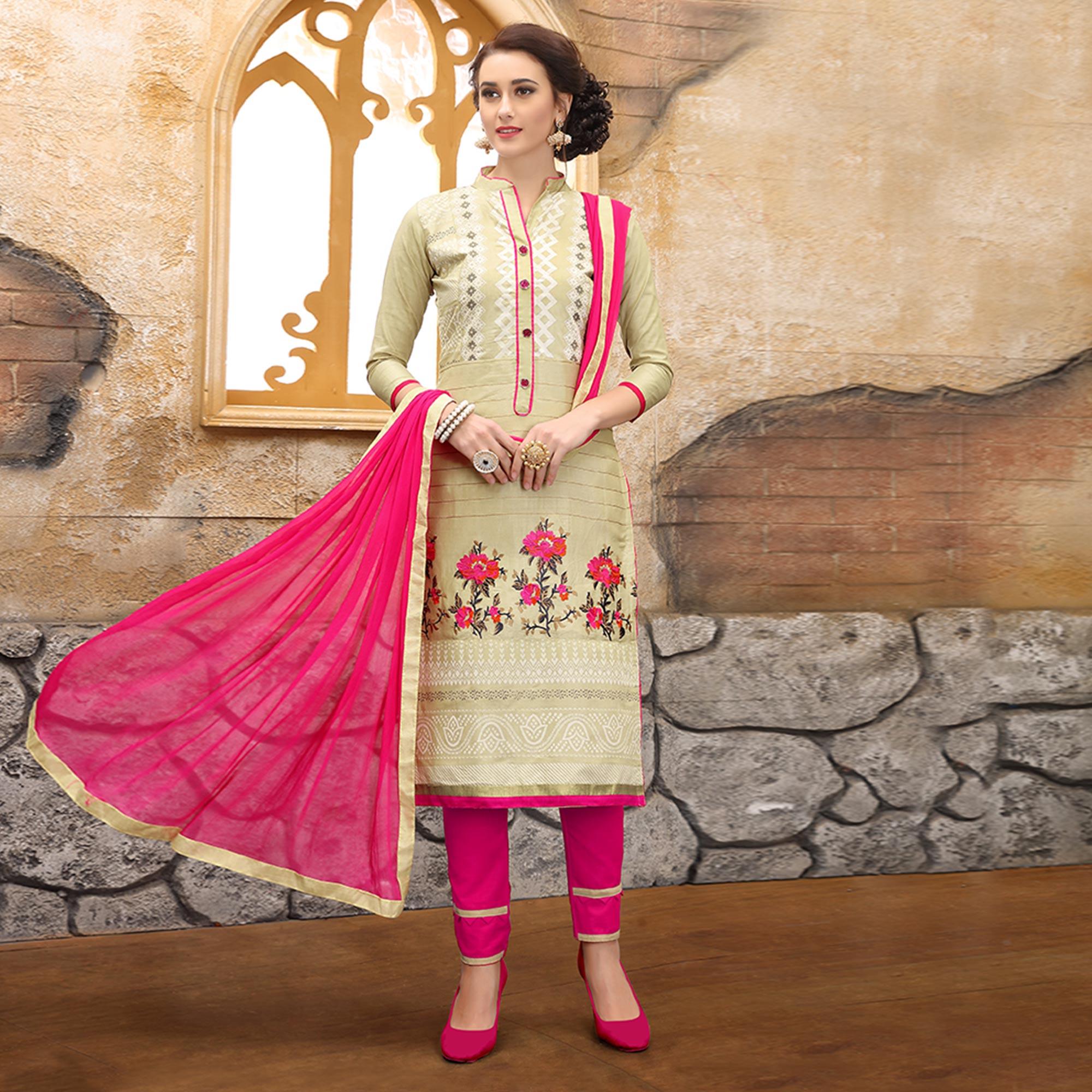 Peachmode Classy Cream Colored Party Wear Embroidered Cotton Dress Material