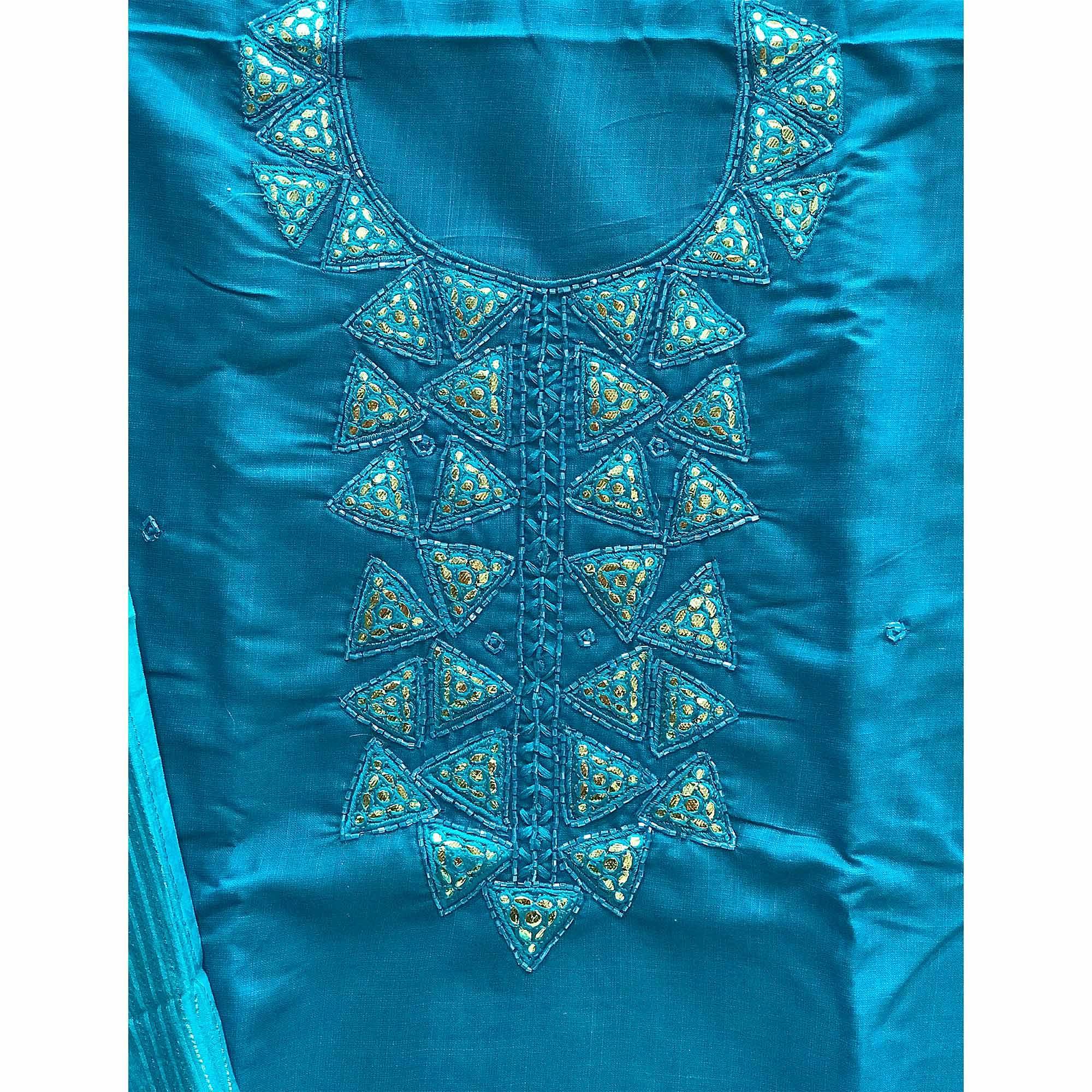 Peachmode Blue Zardosi Embroidered Cotton Dress Material - view 2