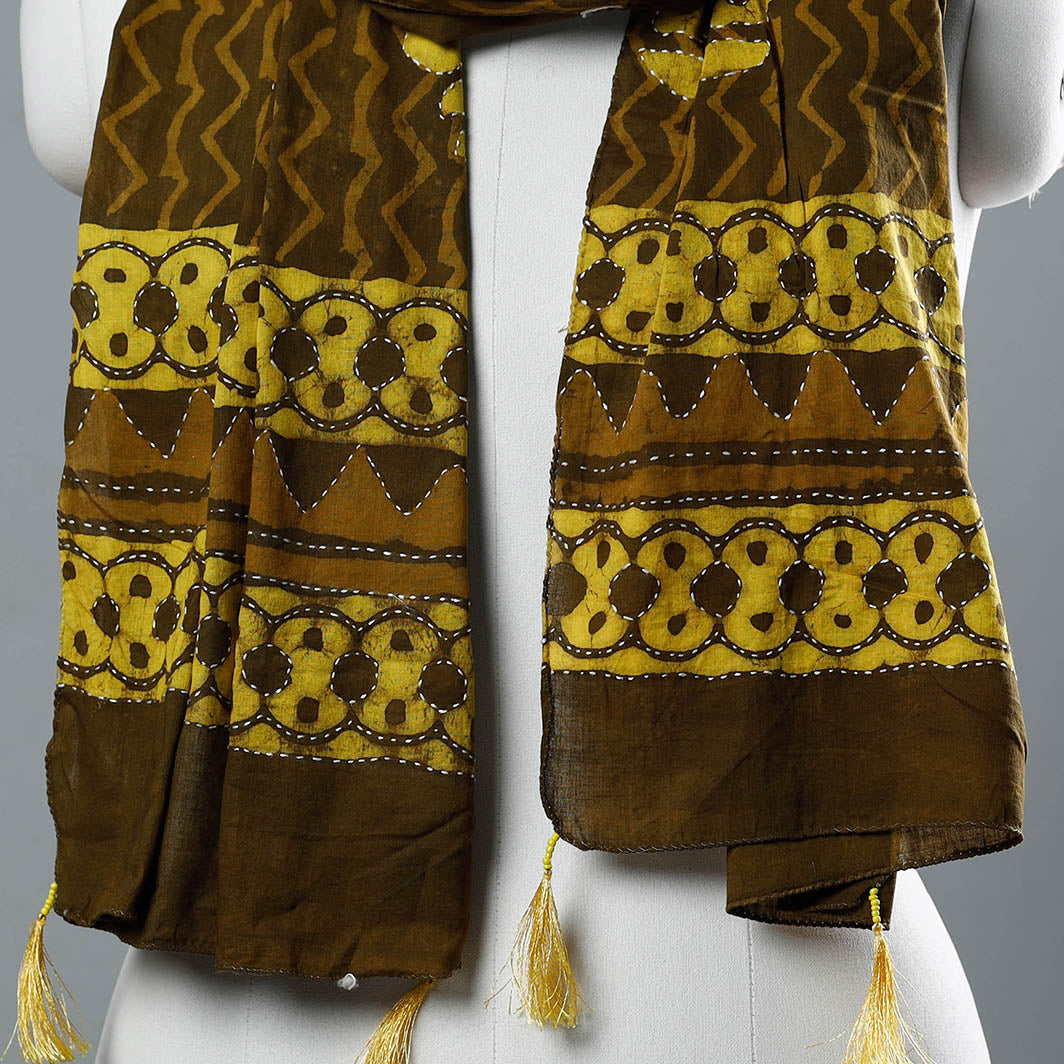 ARTISAN HAND BLOCK PRINTS Brown - Bagru Block Printed Tagai Work Cotton Stole with Tassels - view 2