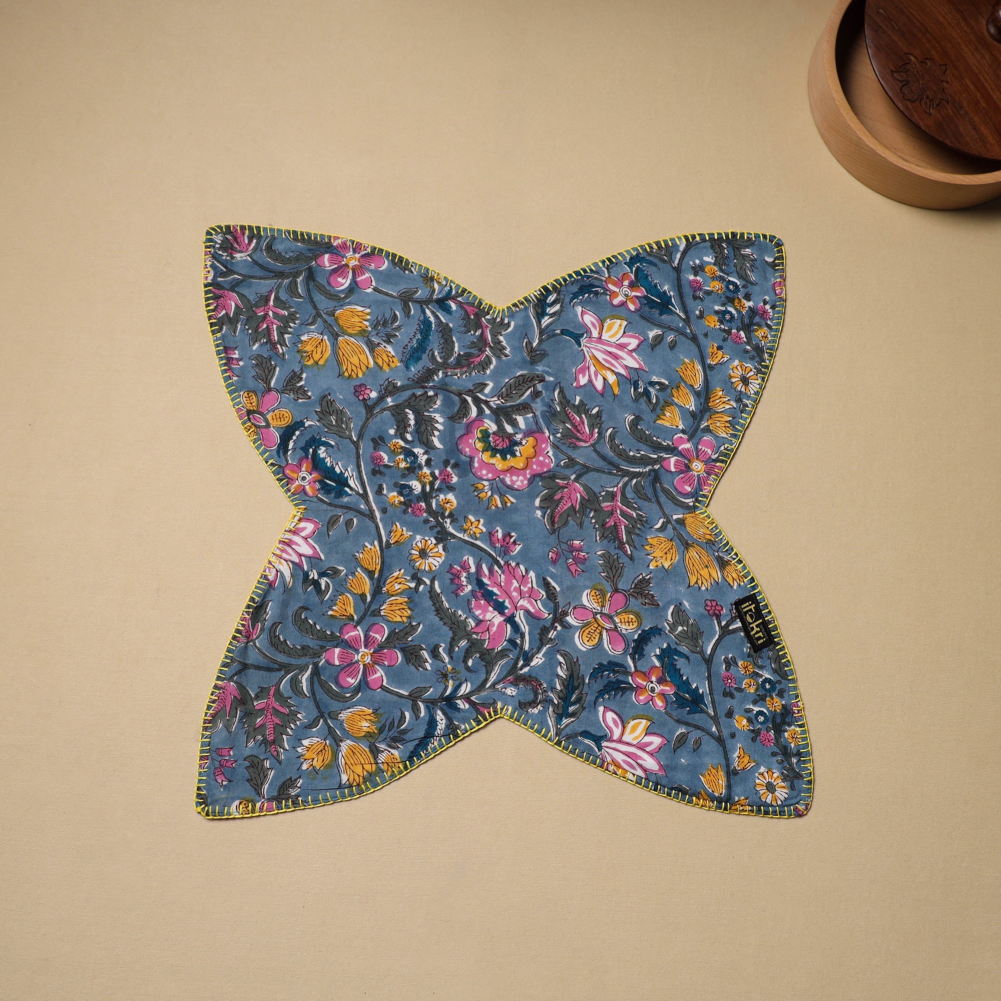 NOORI BAZAR Blue - Hand Embroidered Cotton Roti Napkin 08