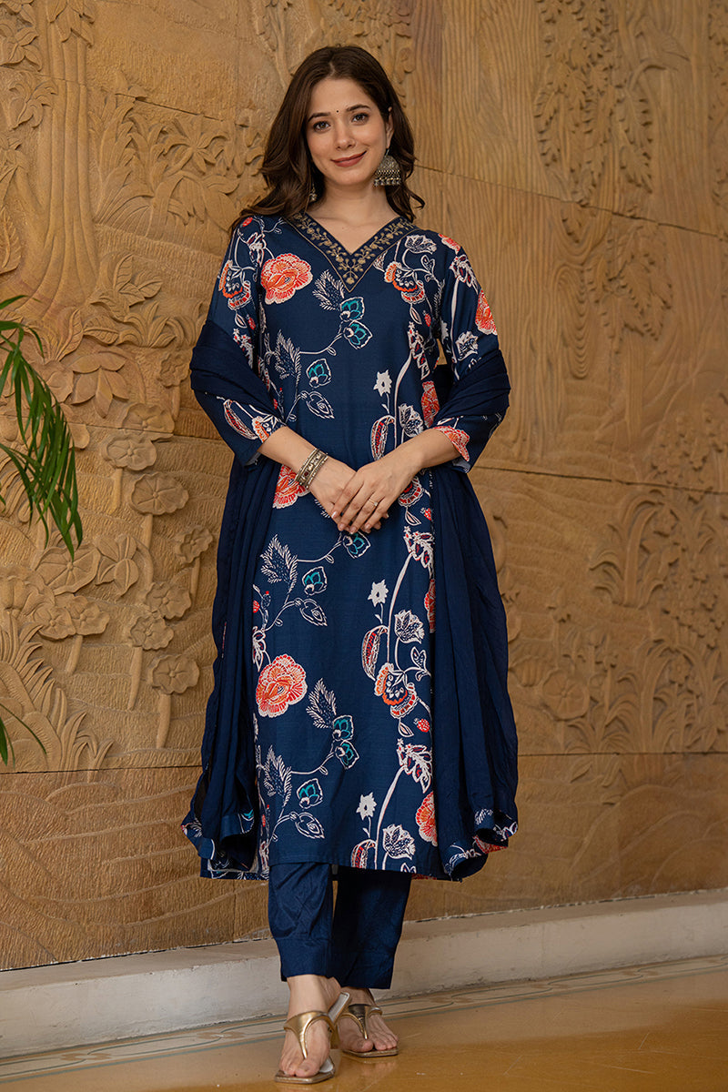 Ahika Blue Rayon Blend Floral Printed Straight Suit Set PKSKD2469
