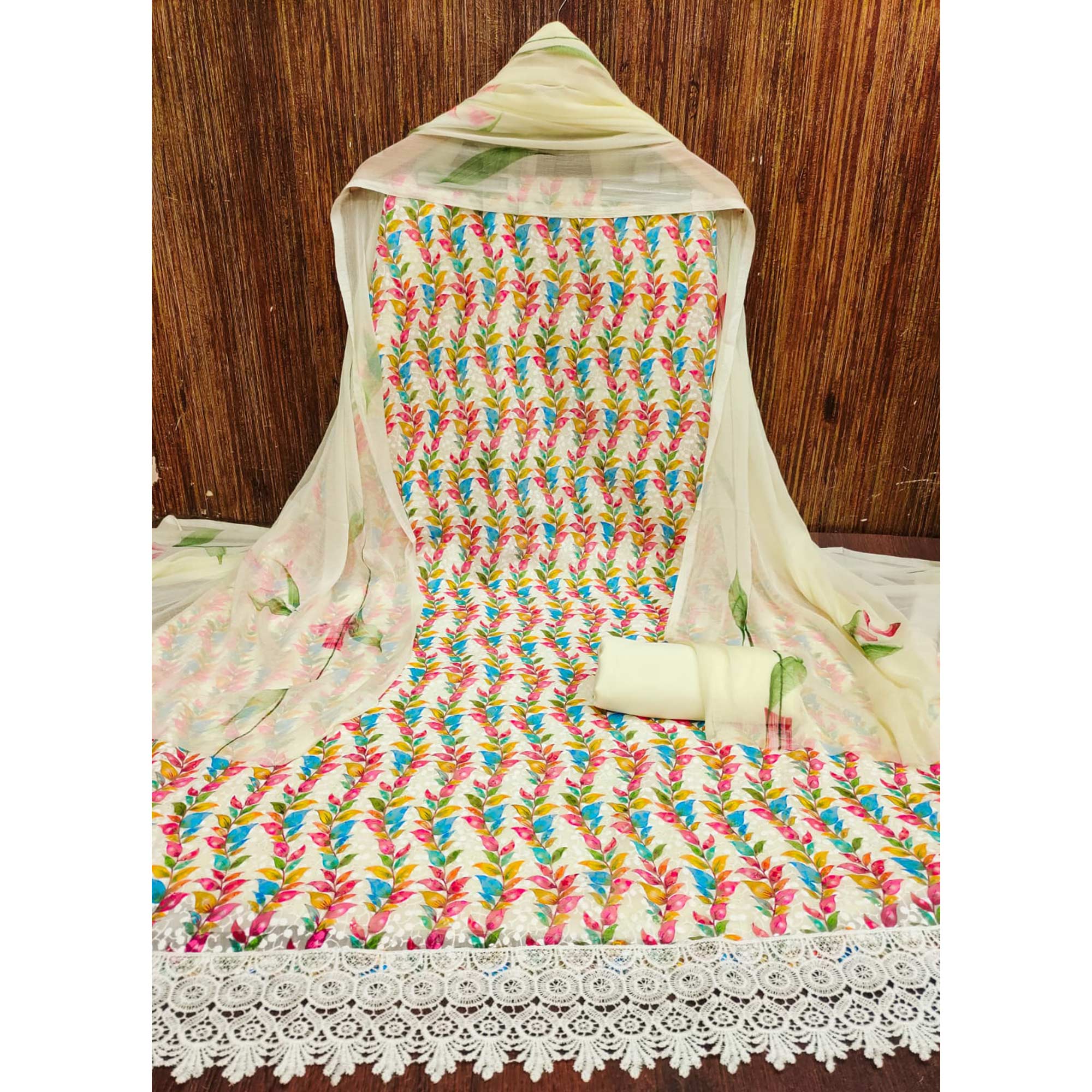 Peachmode Cream Schiffli Embroidered With Digital Printed Georgette Dress Material - view 3