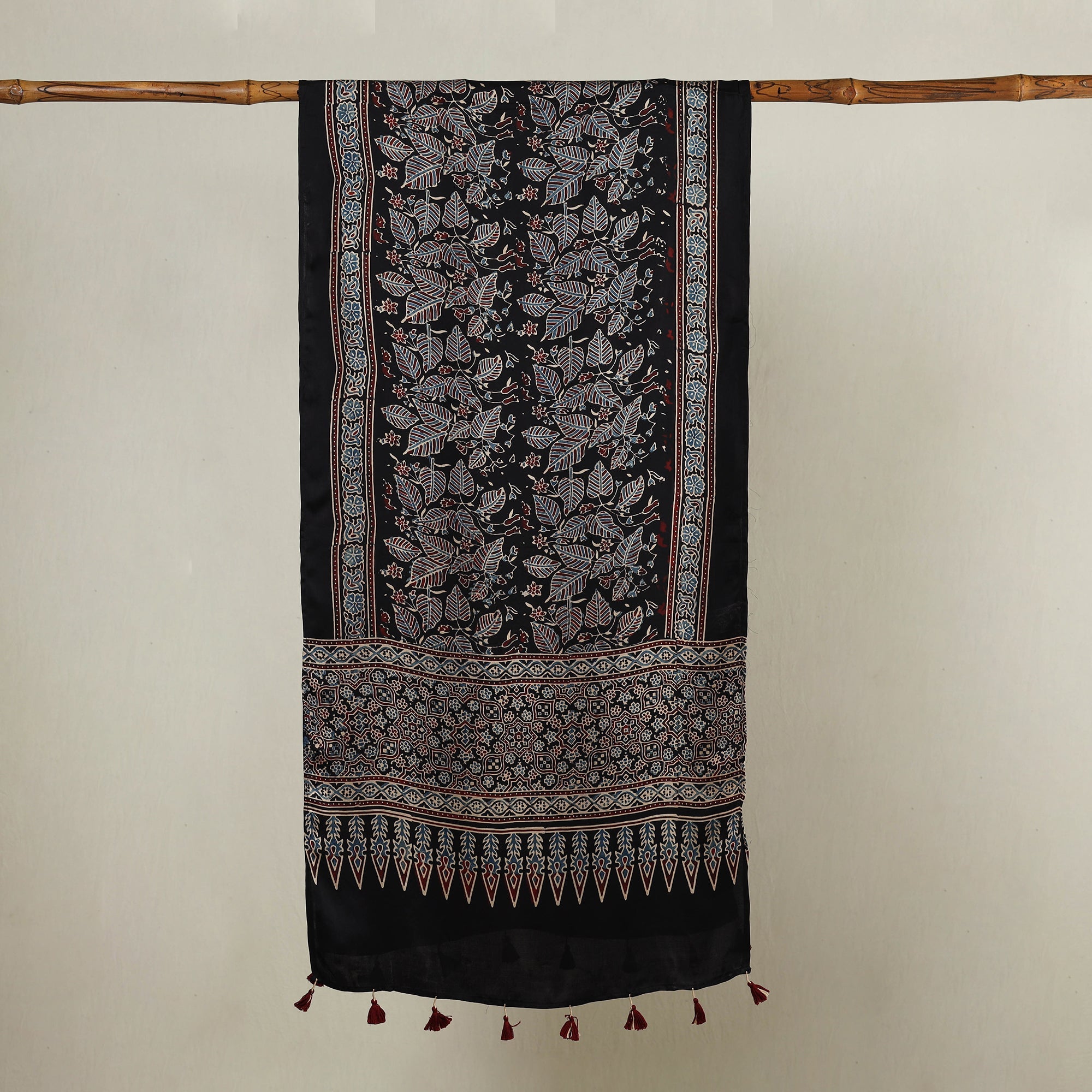 RIYAZ ABDULMAJID KHATRI - AJRAKH Black - Ajrakh Hand Block Printed Modal Silk Stole with Tassels - view 2