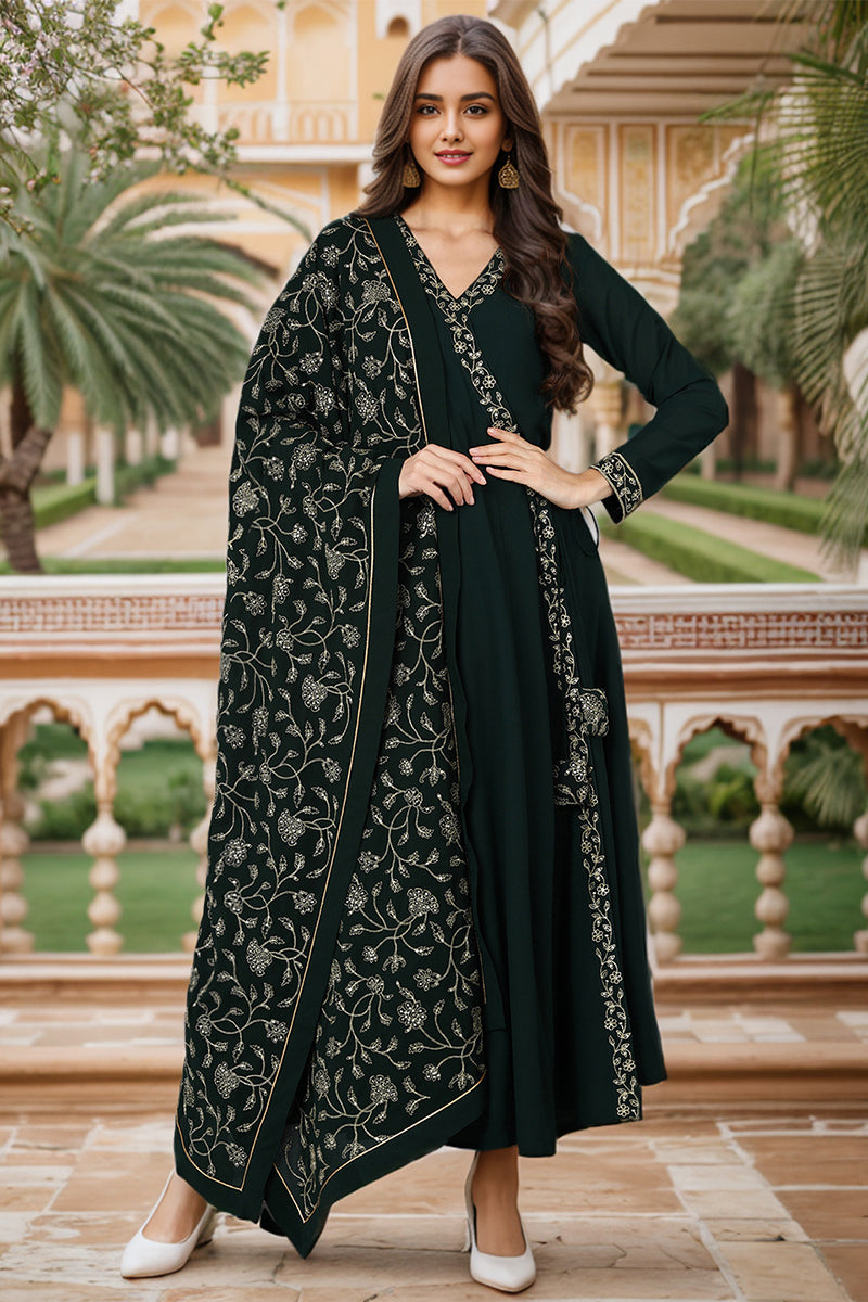 Ahika Dark Green Poly Georgette Angrakha Pant With Dupatta PKSKD1912