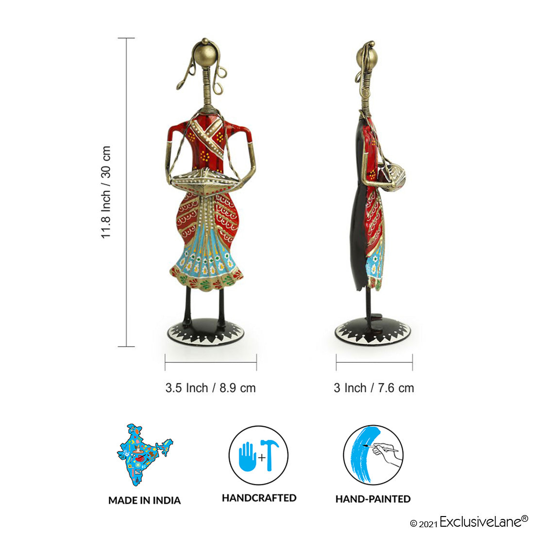 EXCLUSIVELANE 'Rajasthani Tribal Lady Musicians' Handpainted Decorative Showpieces (12 Inch, Set of 3, Iron) - view 5