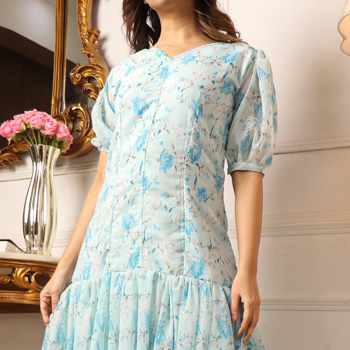 Peachmode Seller Light Blue Floral Printed Georgette Dress - view 3
