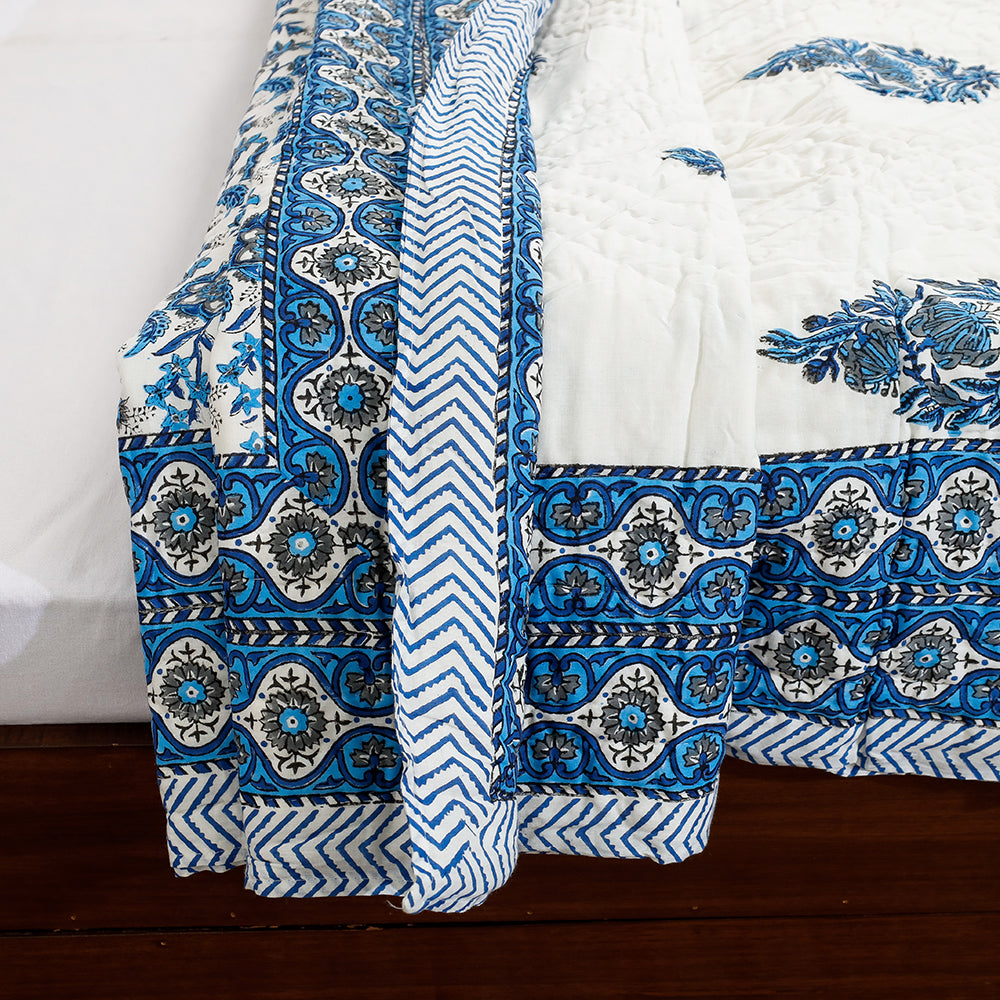 ARTISAN HAND BLOCK PRINTS Blue - Double - Sanganeri Printed Reversible Soft Cotton Quilt / Blanket (104 x 88 in) - view 3