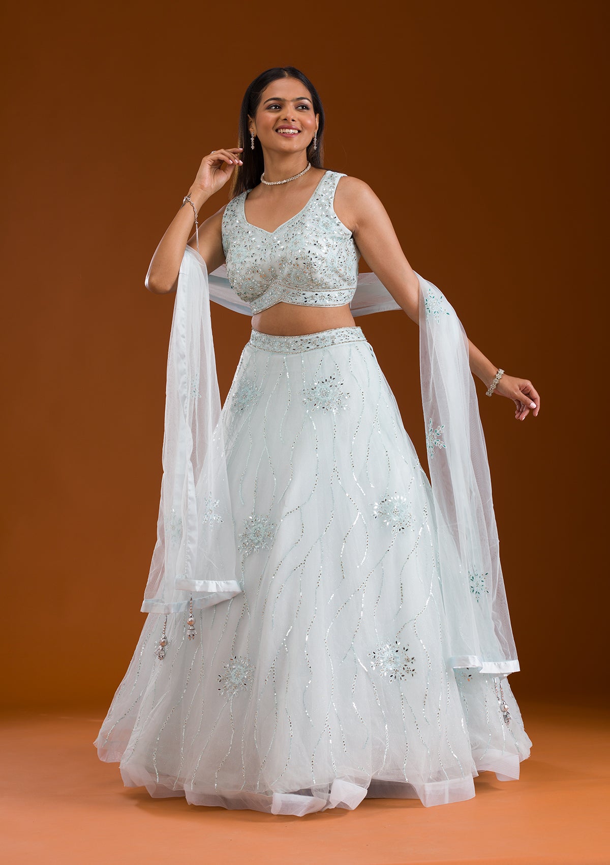 Koskii Sea Green Stonework Net Readymade Lehenga