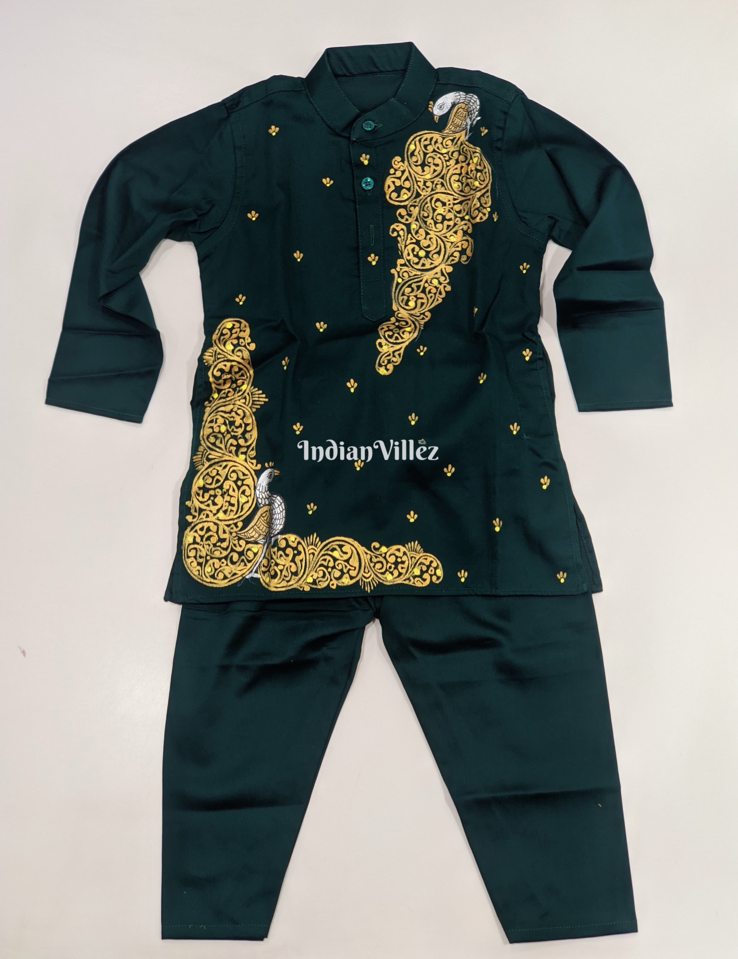 IndianVillèz Rama Green Boys Pattachitra Kids Kurta & Pyjama Set