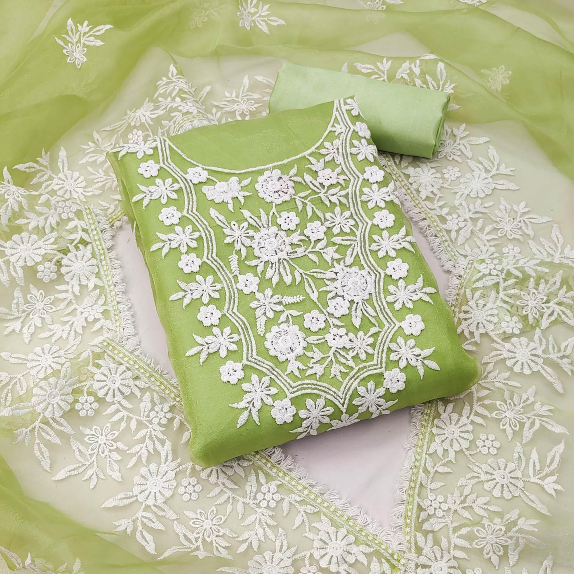 Peachmode Mint Green Floral Embroidered Organza Dress Material
