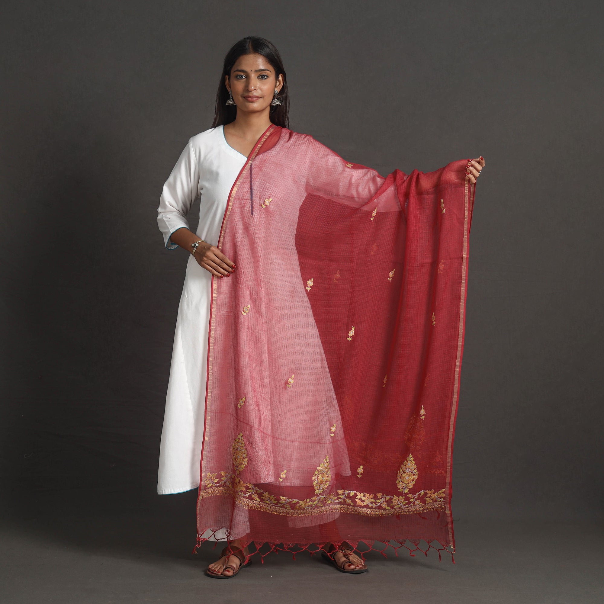 ITOKRI CRAFTS INITIATIVE Kota Doria Silk Cotton Kashida Embroidery Dupatta 42