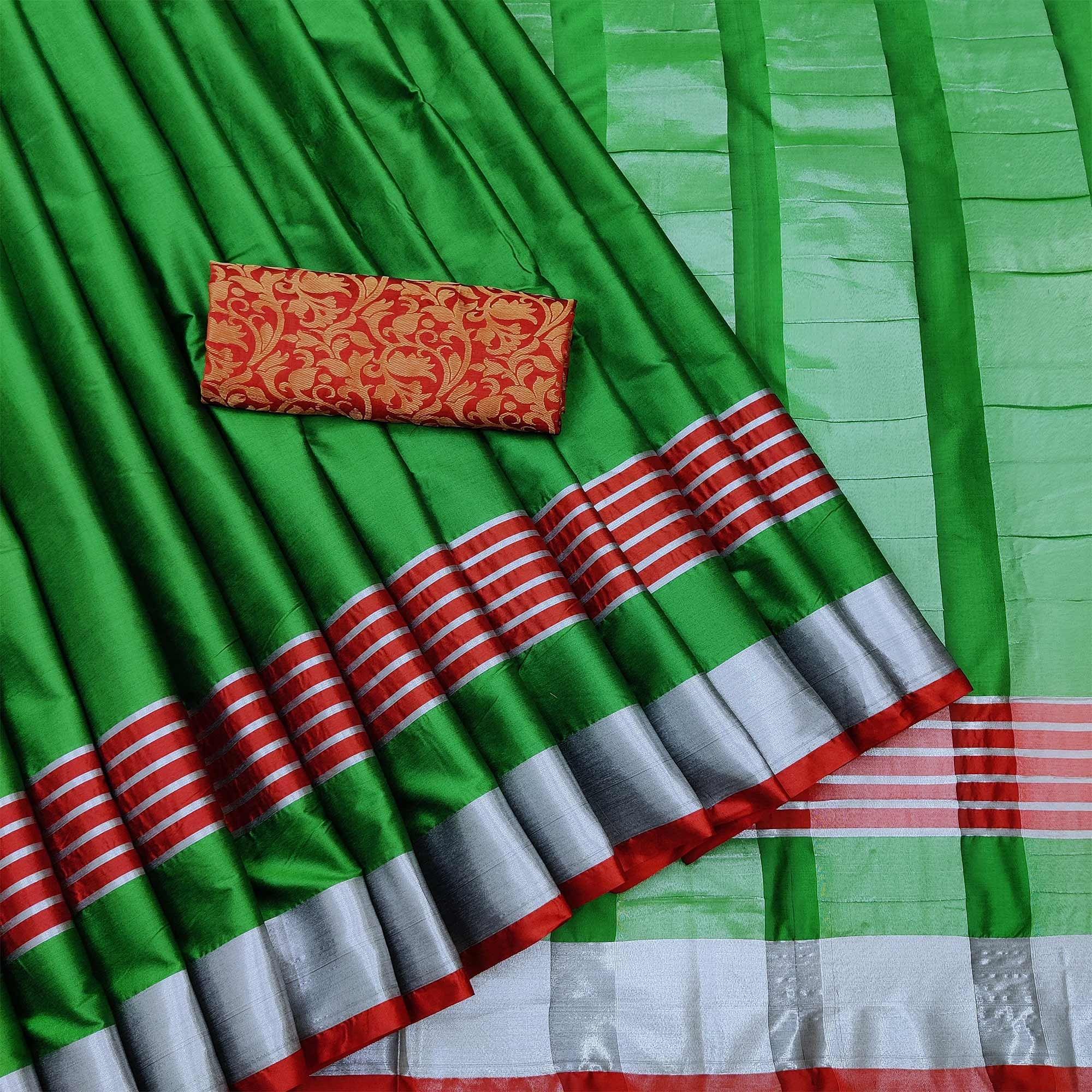 Peachmode Lovely Green Coloured Casual Wear Zari Border Cotton Saree