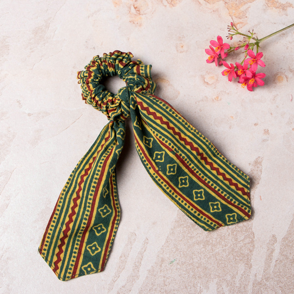 ITOKRI CRAFTS INITIATIVE Ajrakh Print Cotton Elastic Hair Bands/Scarf Ponytail Holder/Scrunchie Ties