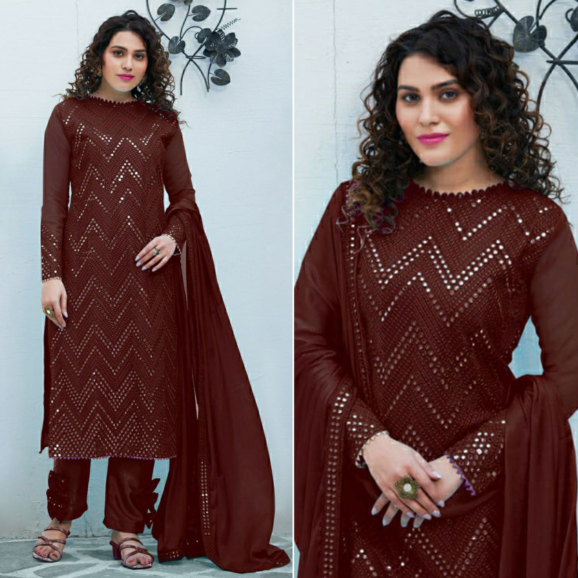 Peachmode Brown Mirror Embroidered Georgette Suit