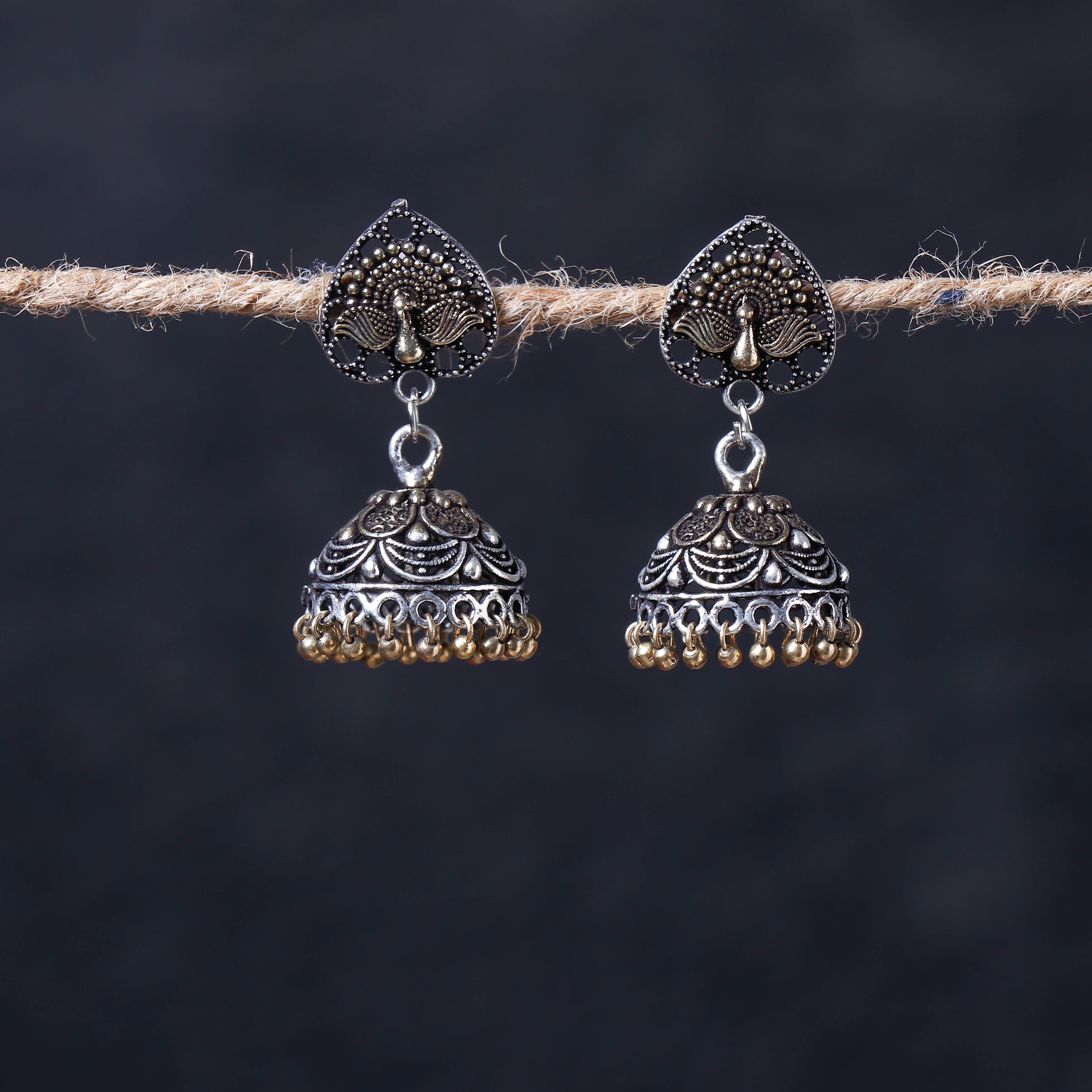 WHITE RIVER STORIES Antique Silver Finish Oxidised Brass Base Jhumka Earrings