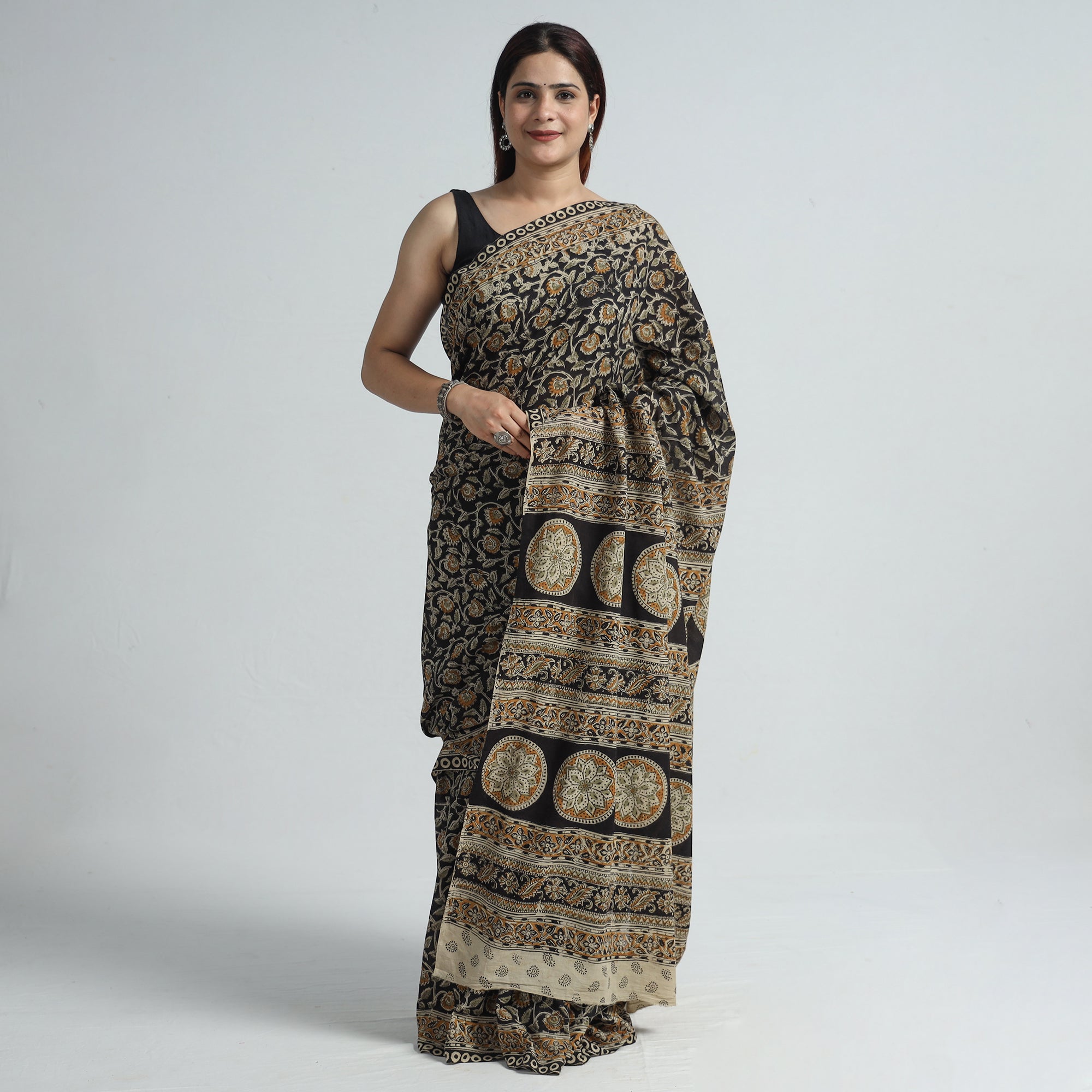 SOUTH KARGHA Black - Pedana Block Print Cotton Kalamkari Saree 07