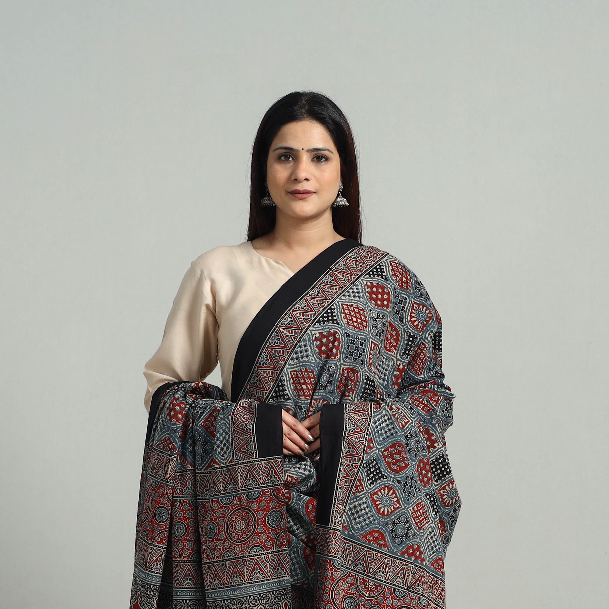 AJRAKH BY SUFIYAN ISMAIL KHATRI Blue - Hand Block Printed Cotton Ajrakh Dupatta 01 - view 3
