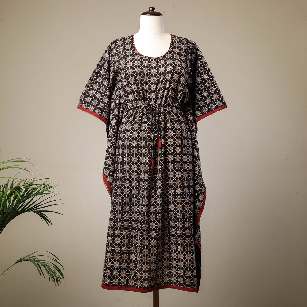 KACHCHH JI CHHAAP Black - Ajrakh Hand Block Printed Cotton Kaftan with Tie-Up Waist (Long)