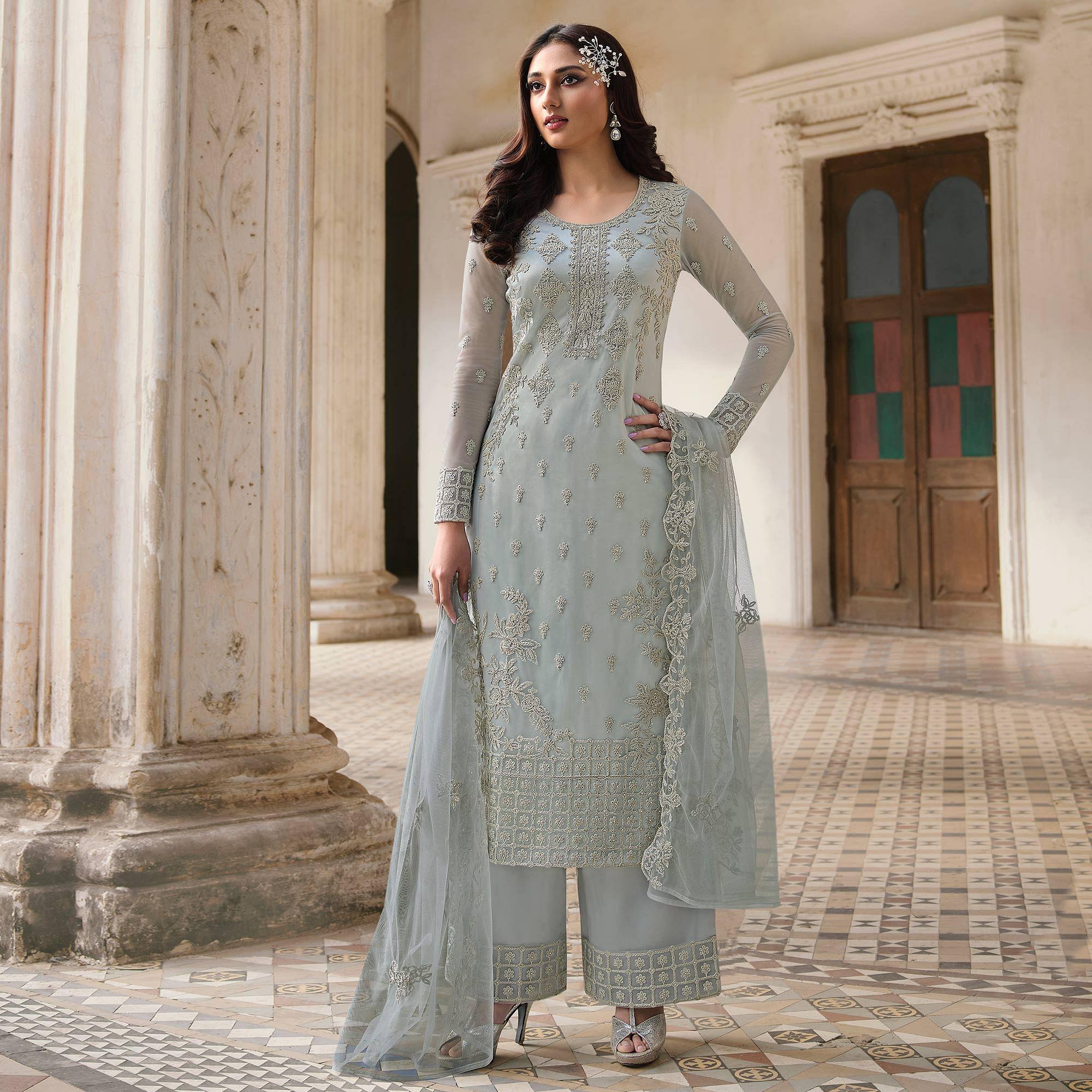 Peachmode Light Blue Embroidery With Embellished Net Partywear Suit - view 2