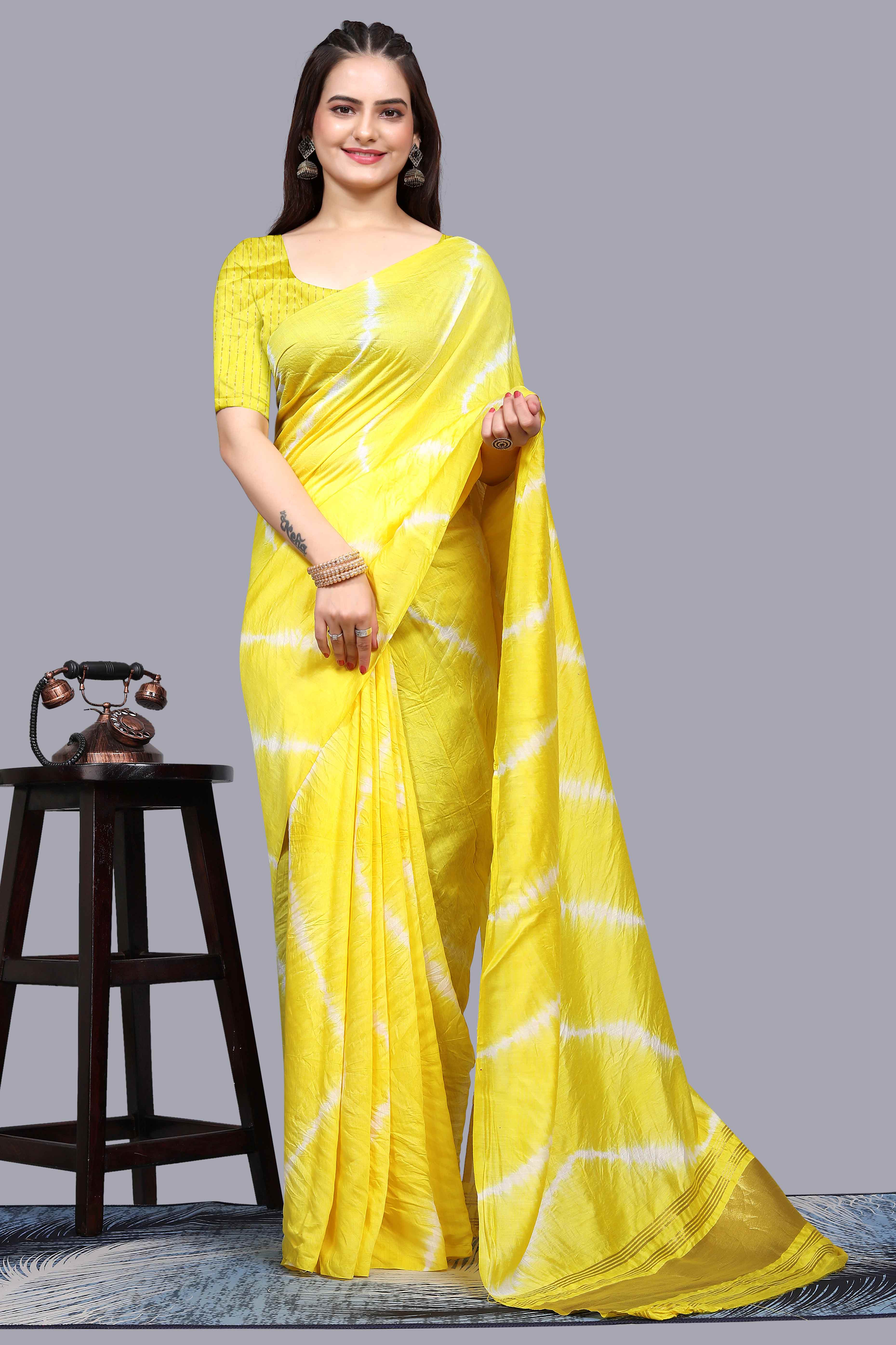 Peachmode Lemon Yellow Leheriya Printed Chanderi Cotton Silk Lagdi Patta Saree