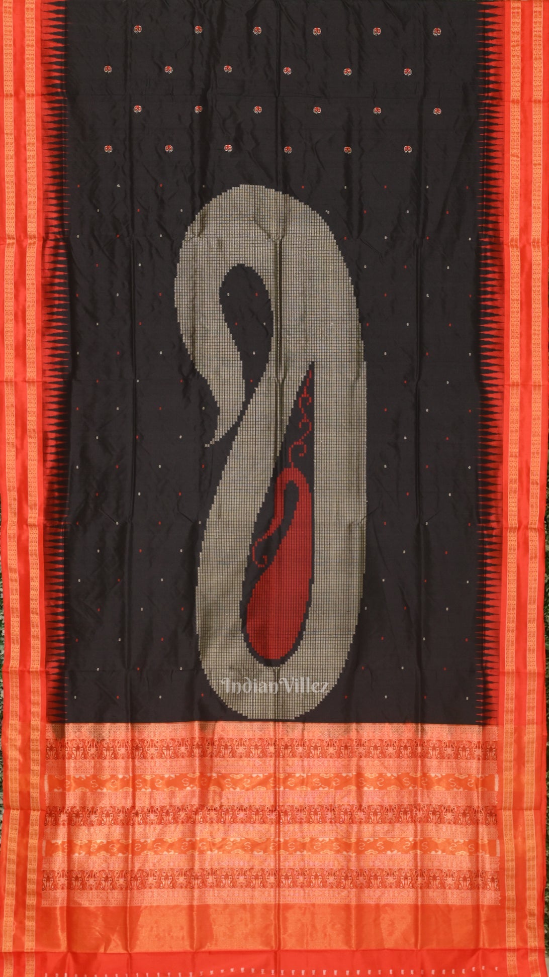 IndianVillèz Dark Black Buti Design Bomkai Sambalpuri Silk saree