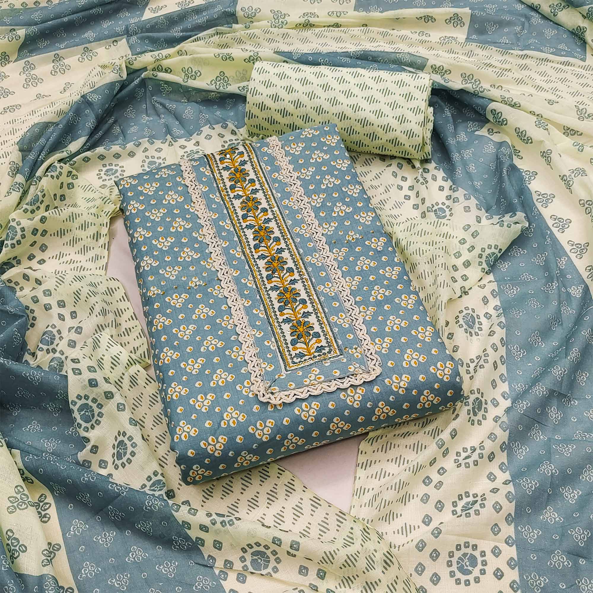 Peachmode Grey Printed With Embroidery Pure Cotton Dress Material