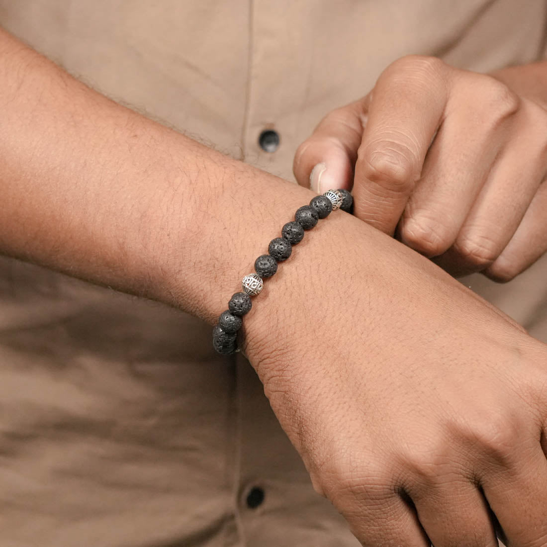 Prinjal Jewellers Lava Stone with Om Namah Shivay Silver Beads Bracelet - view 3