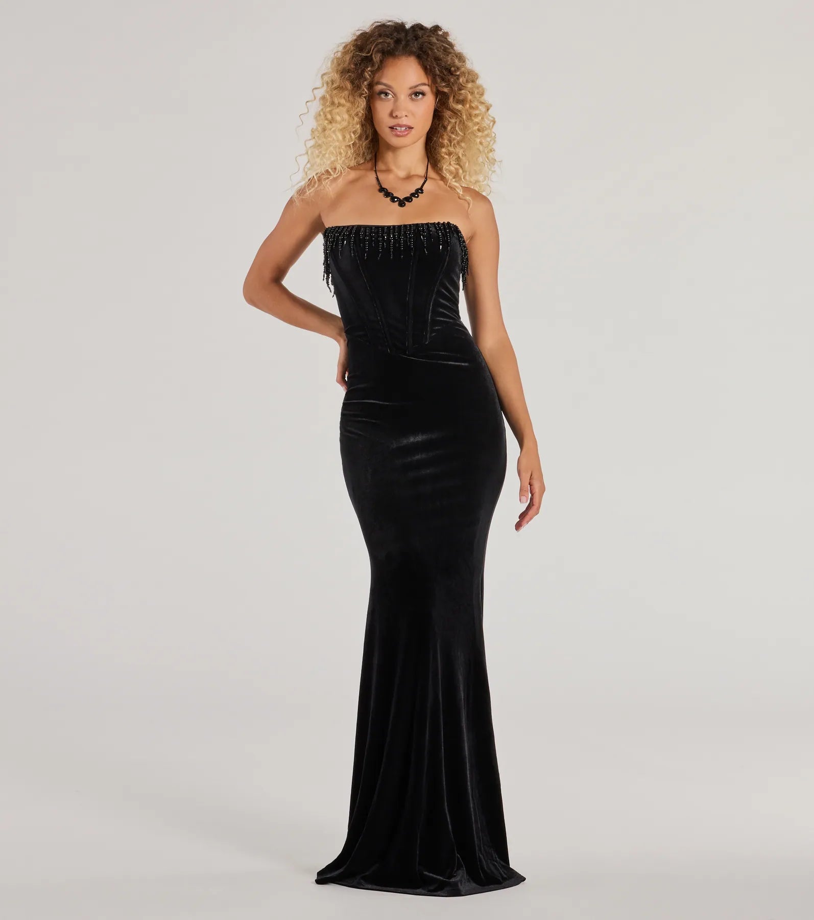 Windsor Luisa Pearl Fringe Trim Velvet Corset Mermaid Dress