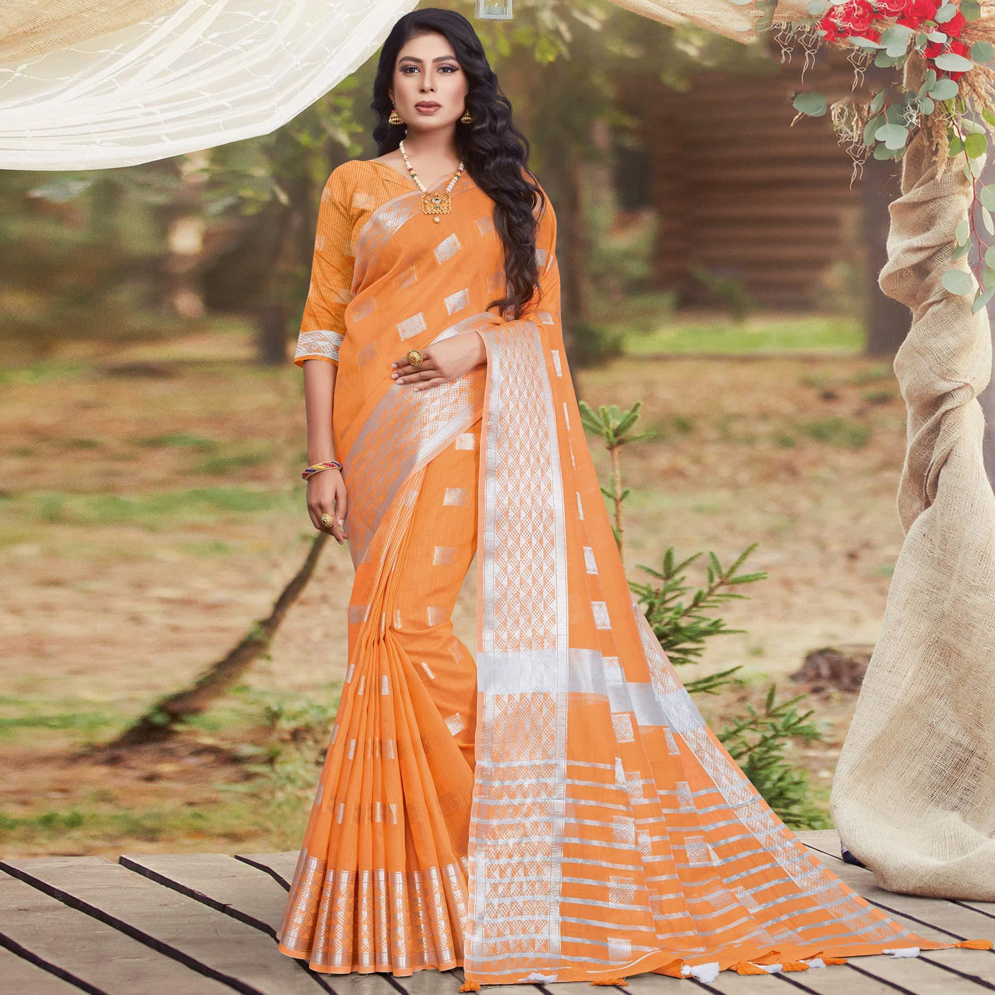 Peachmode Hypnotic Orange Coloured Partywear Woven Linen Cotton Saree