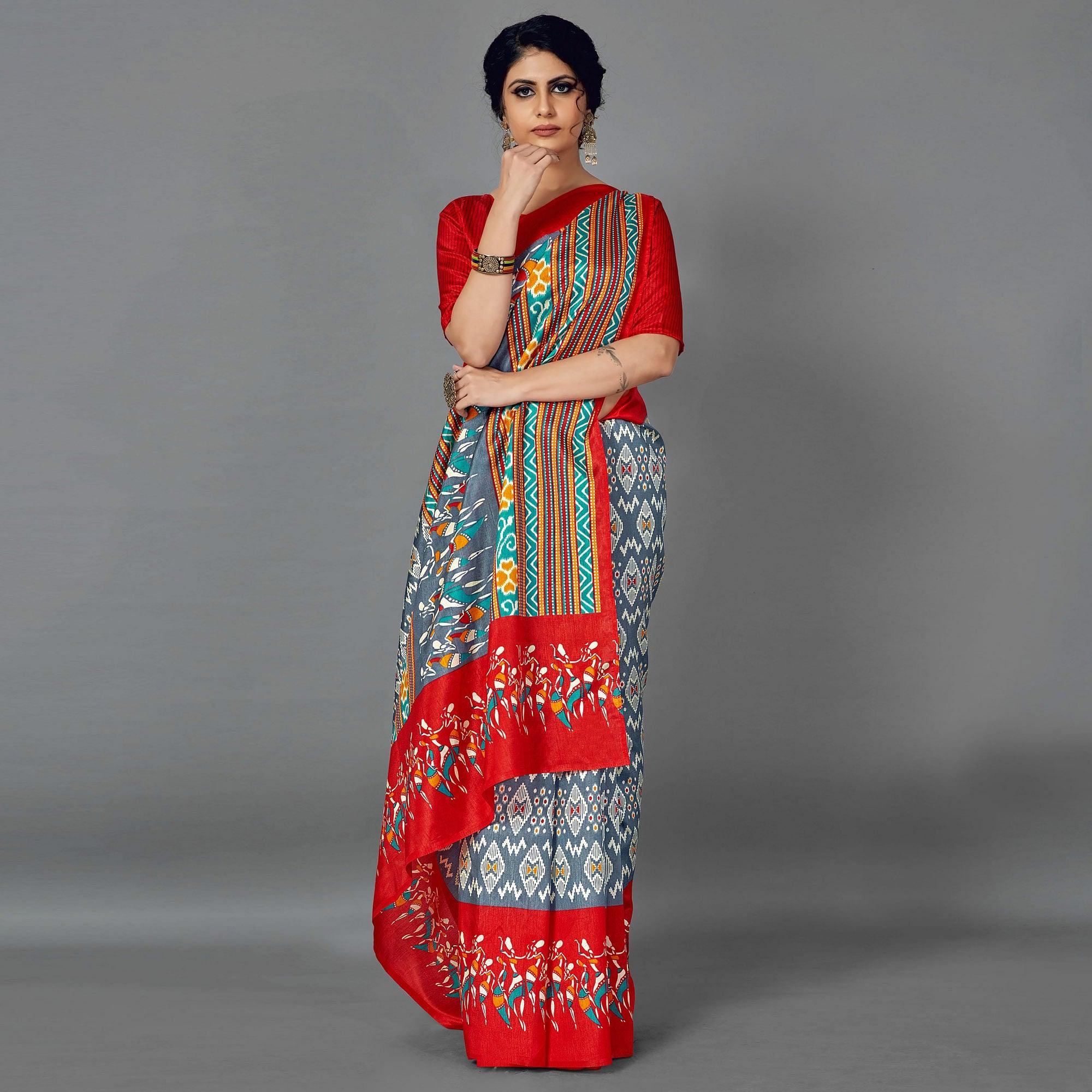 Peachmode Multi Casual Art Silk Printed Saree With Unstitched Blouse