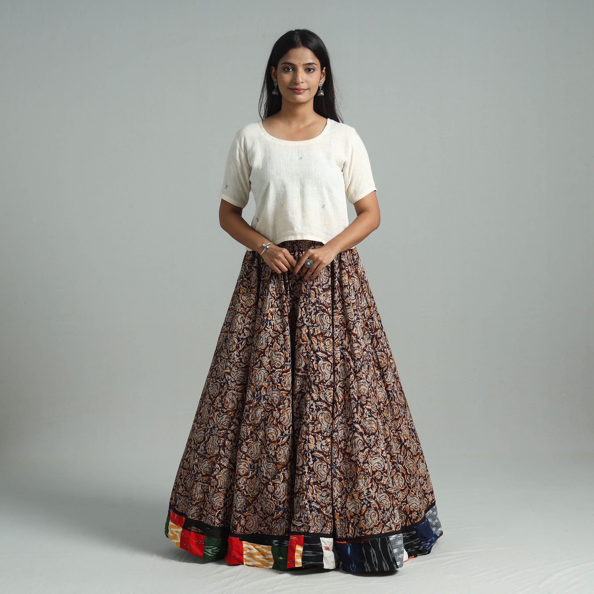 NOORI BAZAR Brown - Hand Block Printed Cotton Long Kalamkari Skirt 14 - view 2