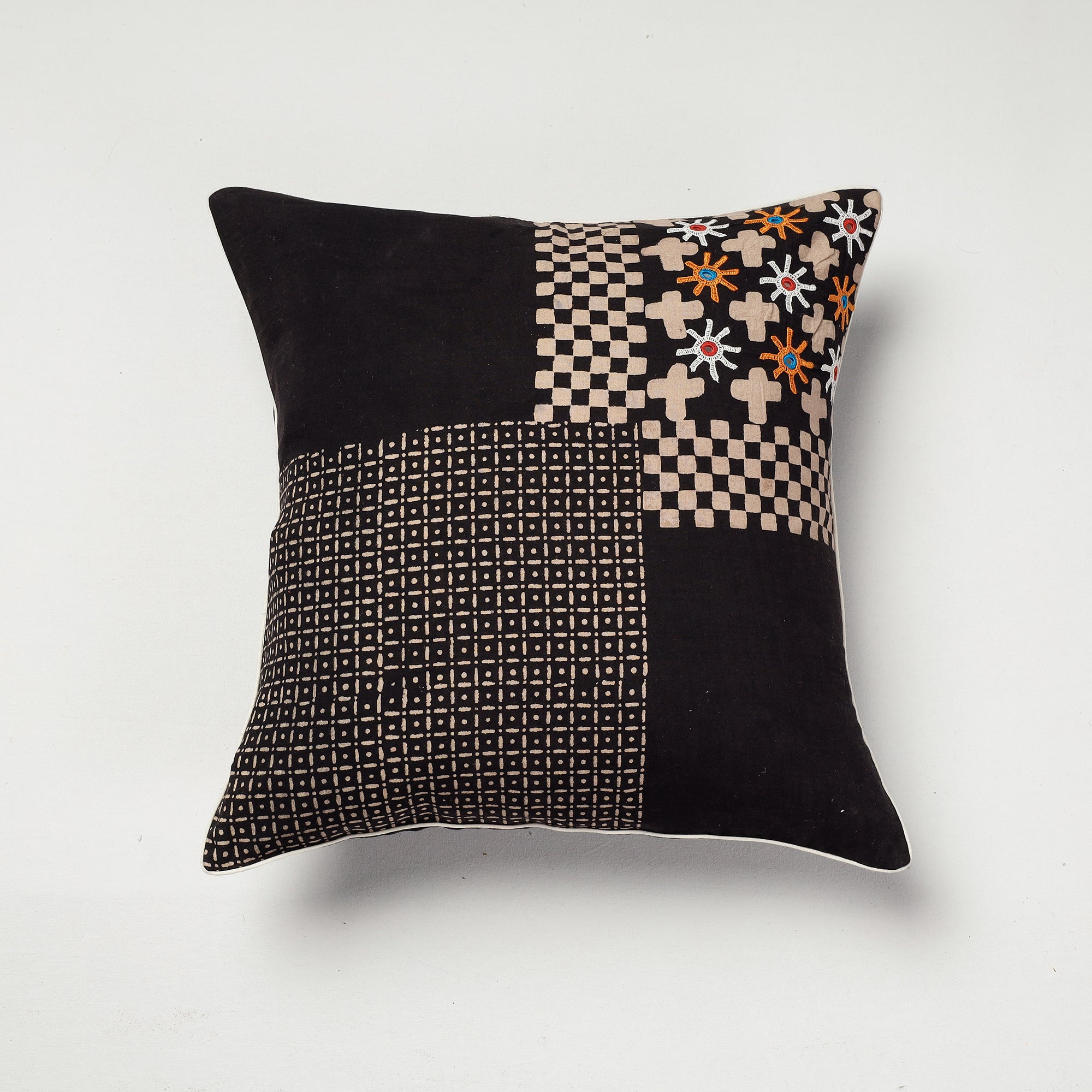 AJRAKH BY SUFIYAN ISMAIL KHATRI Black - Kutch Embroidery Ajrakh Cotton Cushion Cover (16 x 16 in)