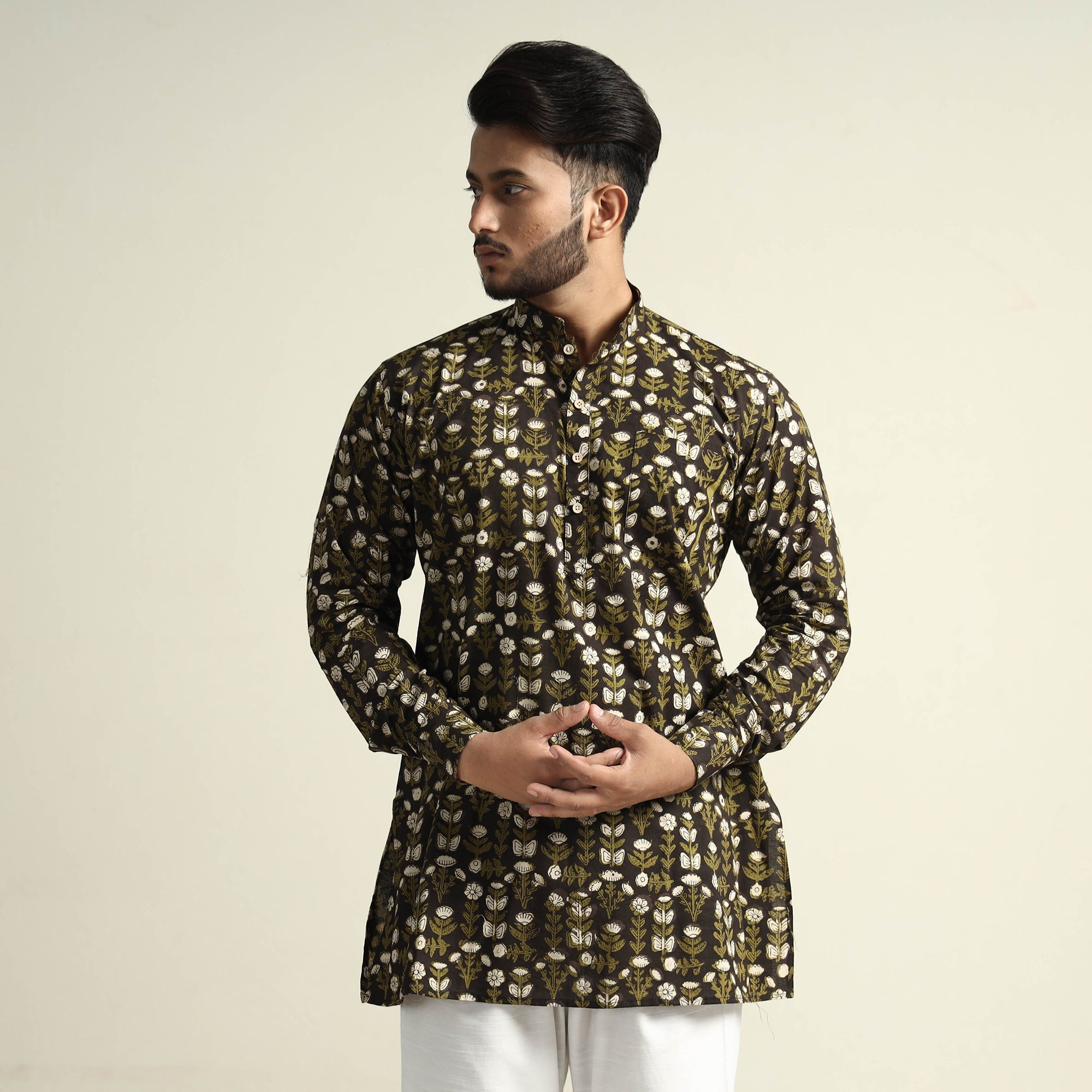 ITOKRI CASUALS Black & Green - Bagru Block Printed Cotton Men Short Kurta - view 2