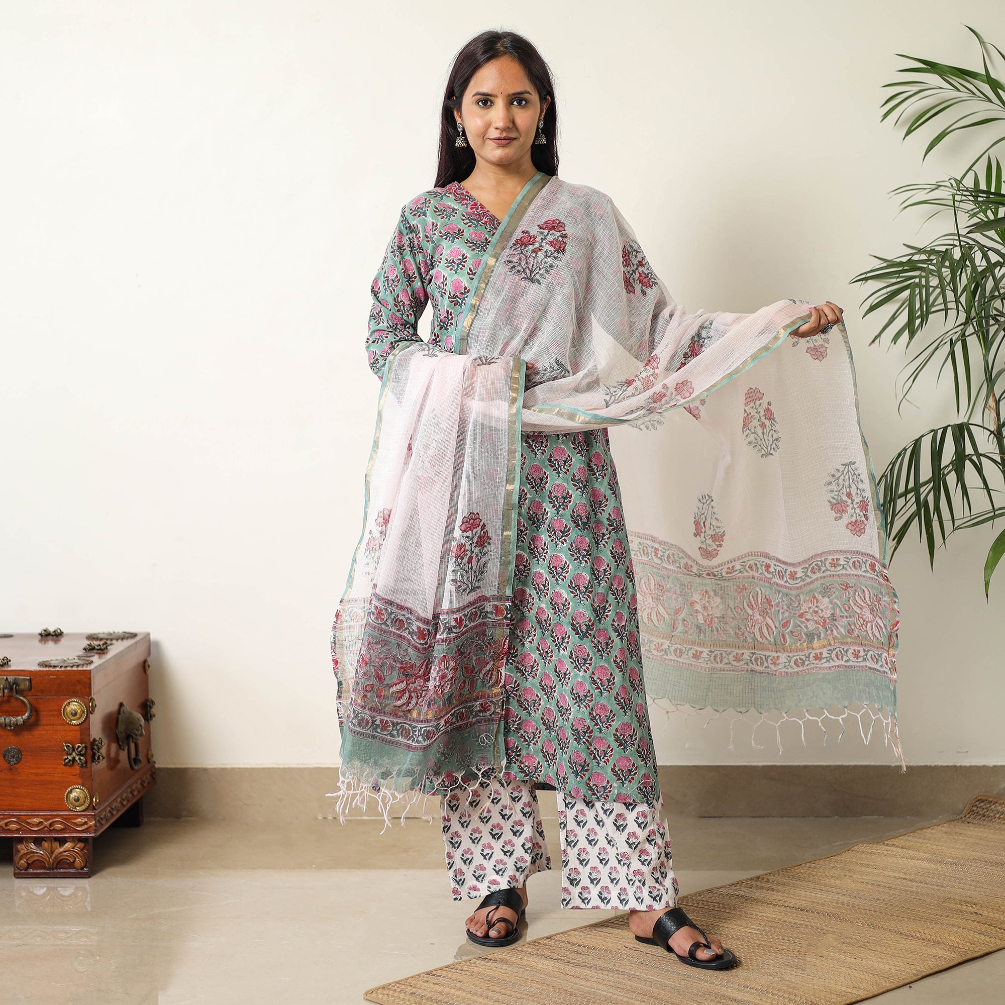 ITOKRI CASUALS Green - Sanganeri Block Printed Cotton Kurta with Palazzo & Dupatta Set 07