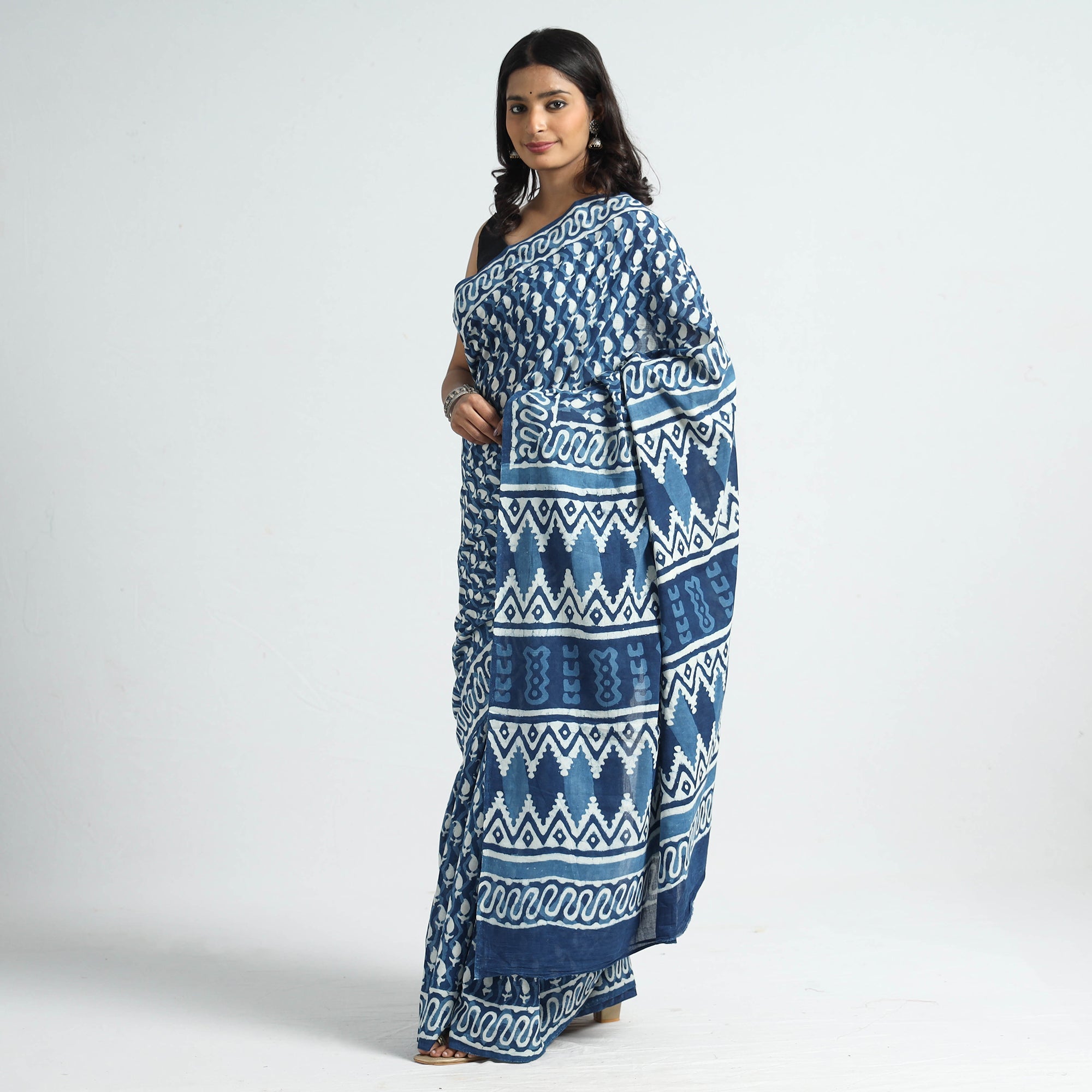 ARTISAN HAND BLOCK PRINTS Blue - Bagru Dabu Block Printed Mul Cotton Saree - view 3