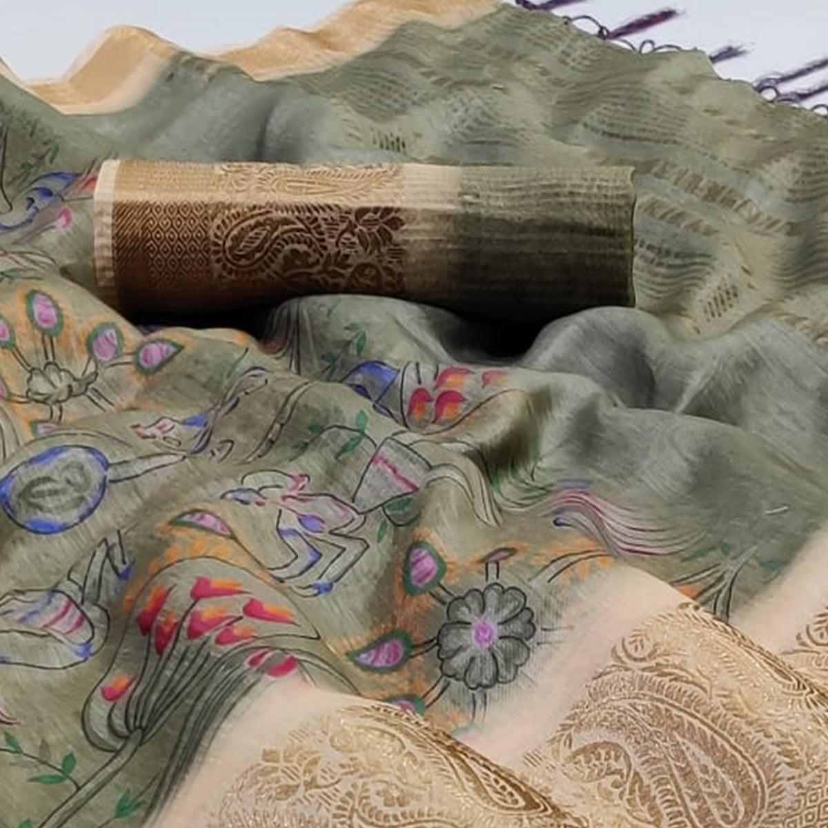 Peachmode Ethnic Grey Colored Festive Wear Woven Banarasi Silk Saree - view 2