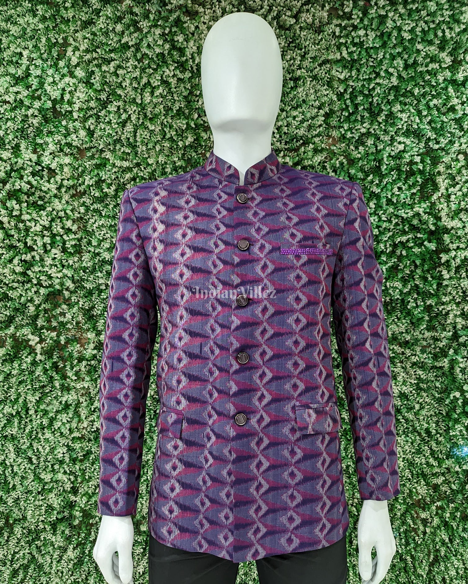 IndianVillèz Maroon Grey Jodhpuri bandhgala Odisha Ikat Men's Casual Blazer